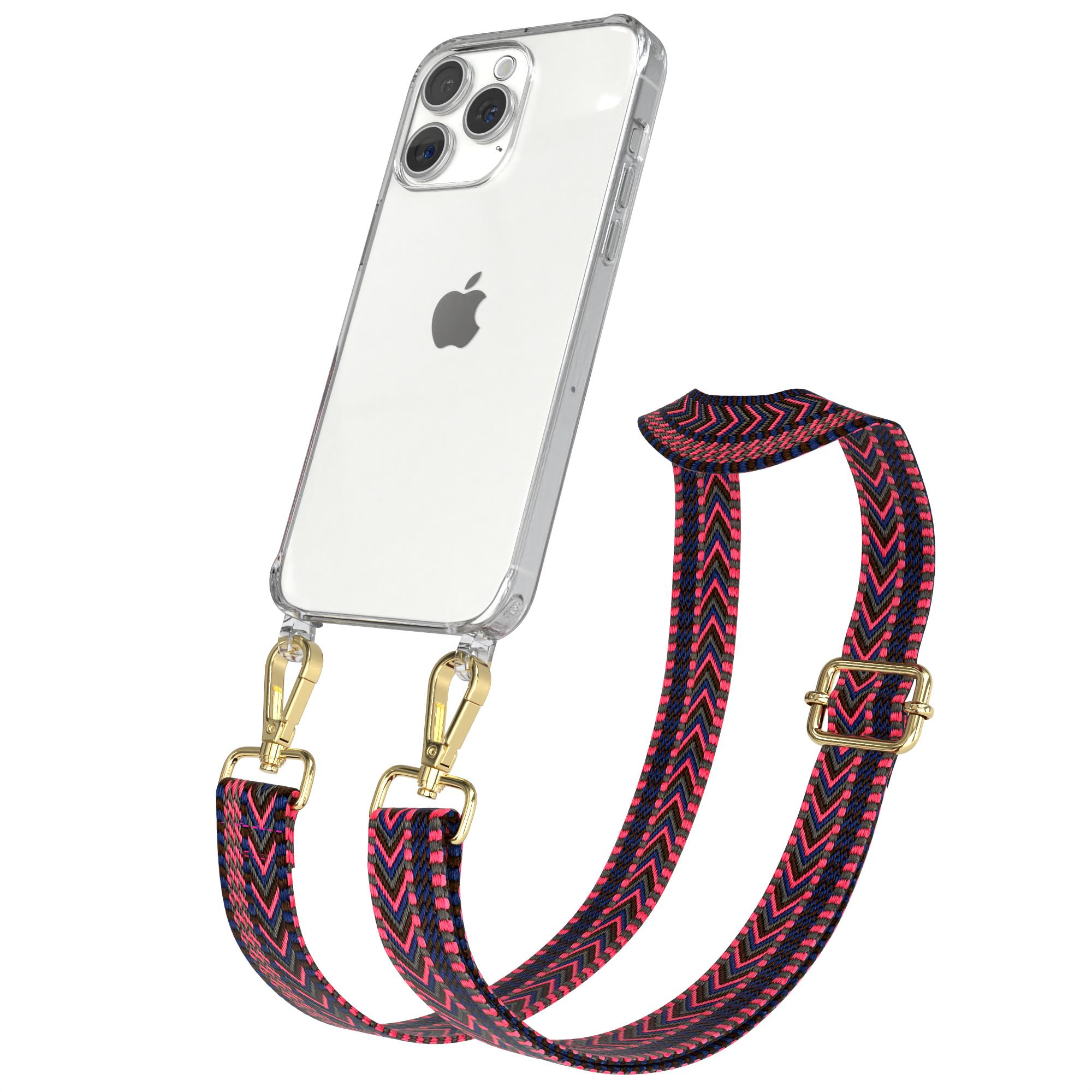 Transparente Handyhülle mit Telefon und gemustertem Riemen mit goldenen Verschlüssen. Telefon ist angewinkelt. Die Hülle ist klar.