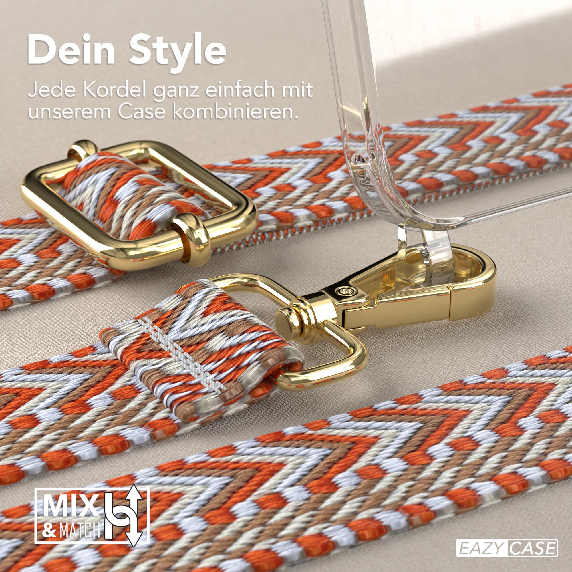 Handyband mit orange-weißem Design, goldfarbener Verschluss. Detail der Handyhülle.