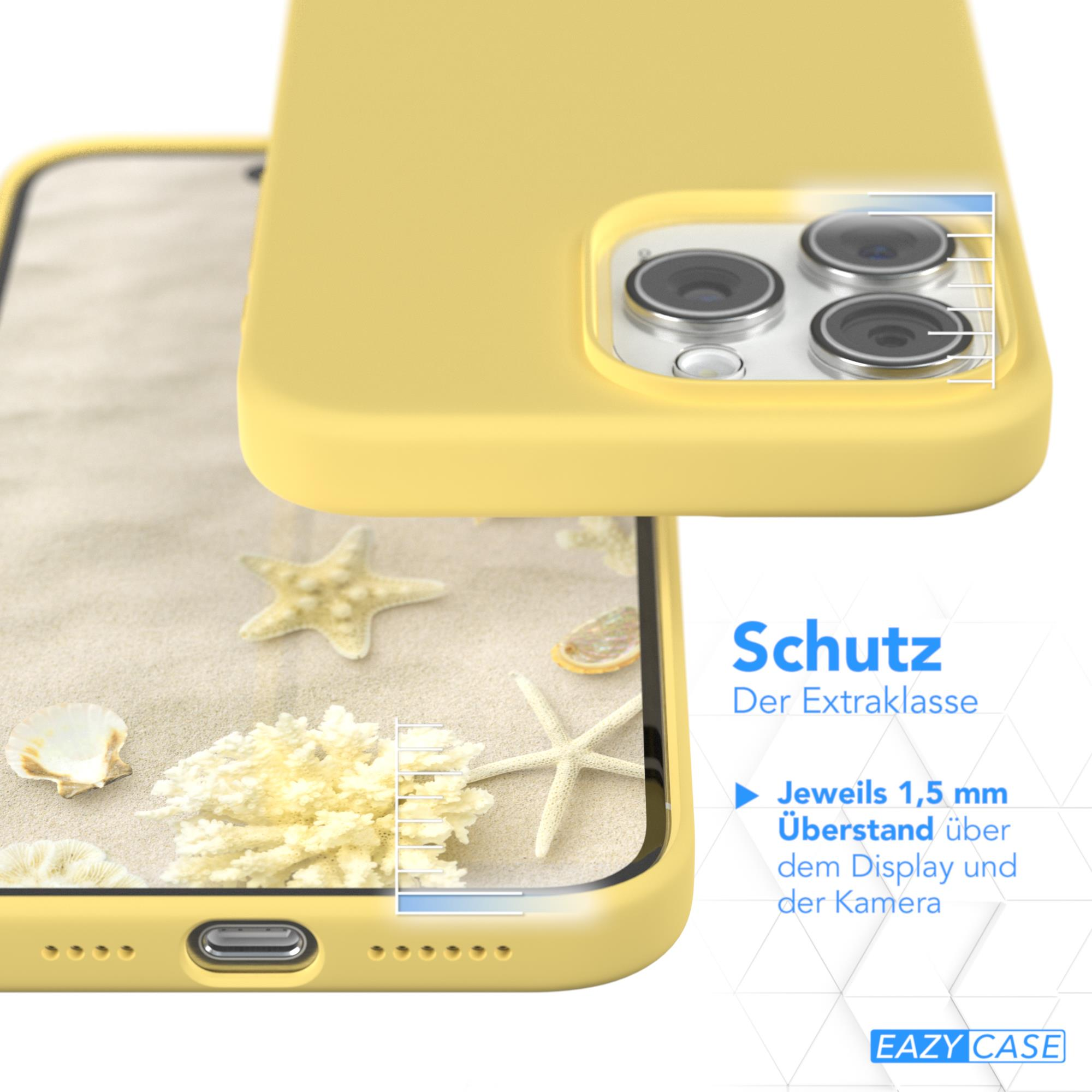 Gelbe Handyhülle mit Sand, Muscheln und Seesternen auf dem Bildschirm, Schutz des Displays.