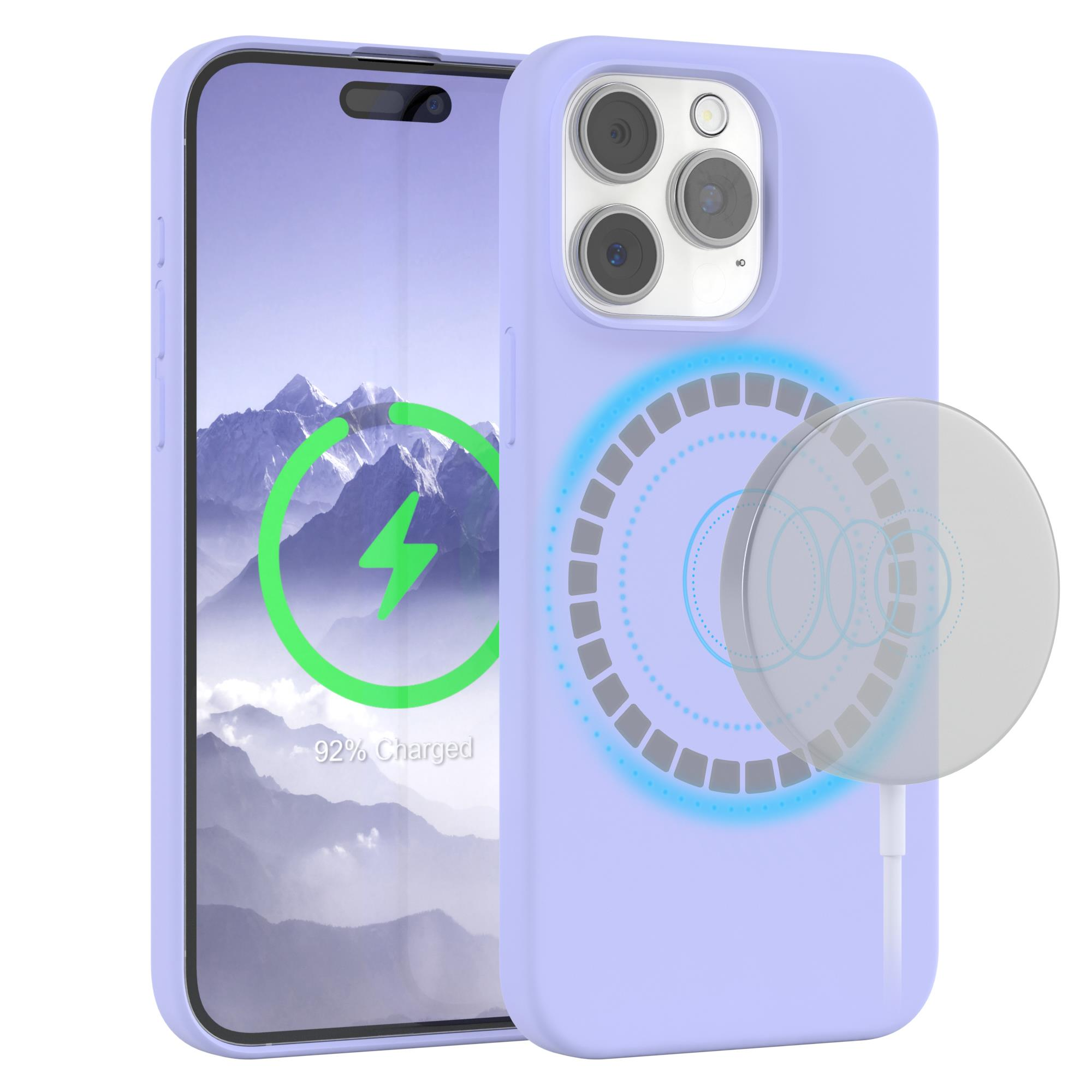 Ein lila Telefon in einer passenden Hülle und ein kabelloses Ladegerät, 92% geladen.