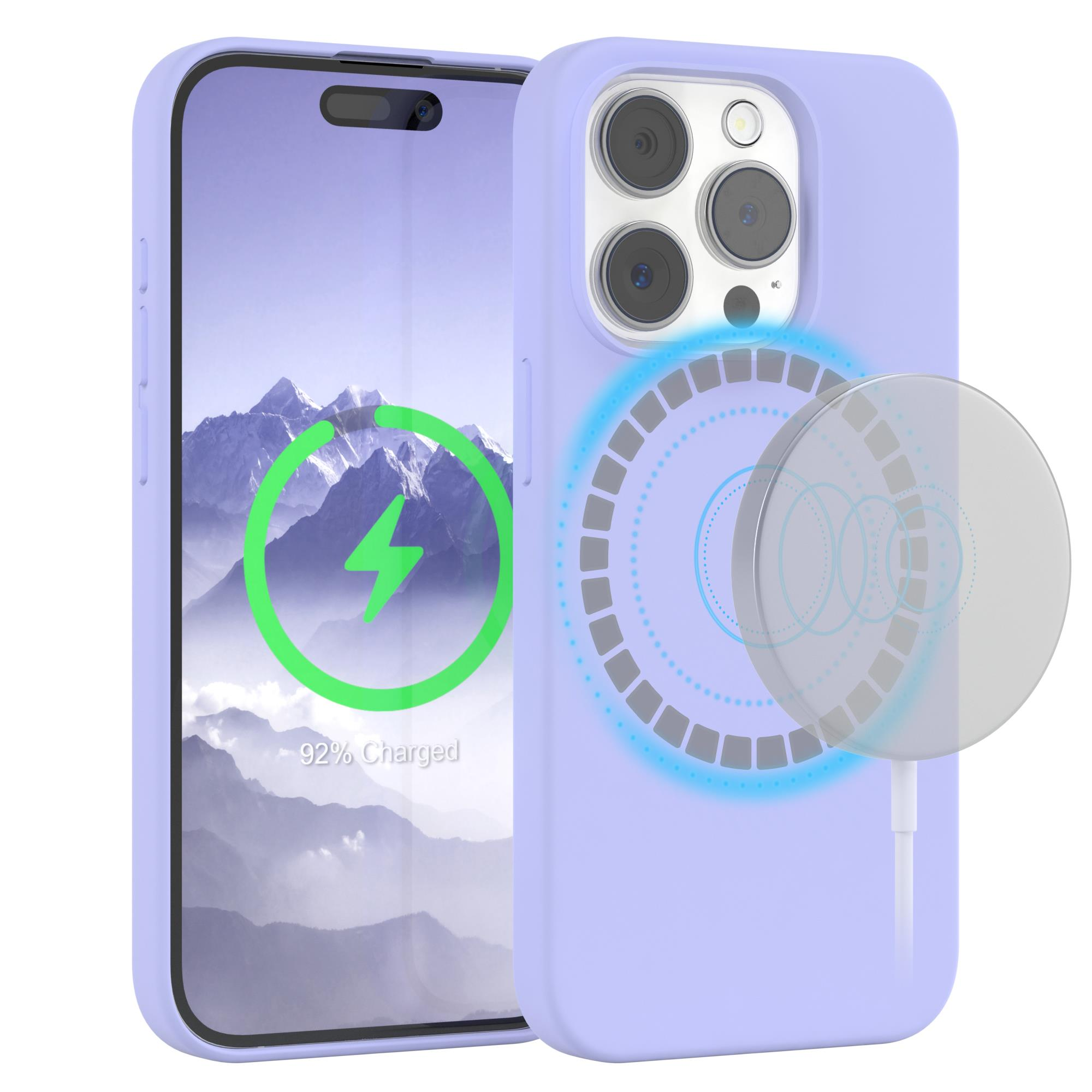 Ein Telefon in einer lila Hülle mit einem drahtlosen Ladekreis. Das Telefon zeigt einen Ladeblitz.