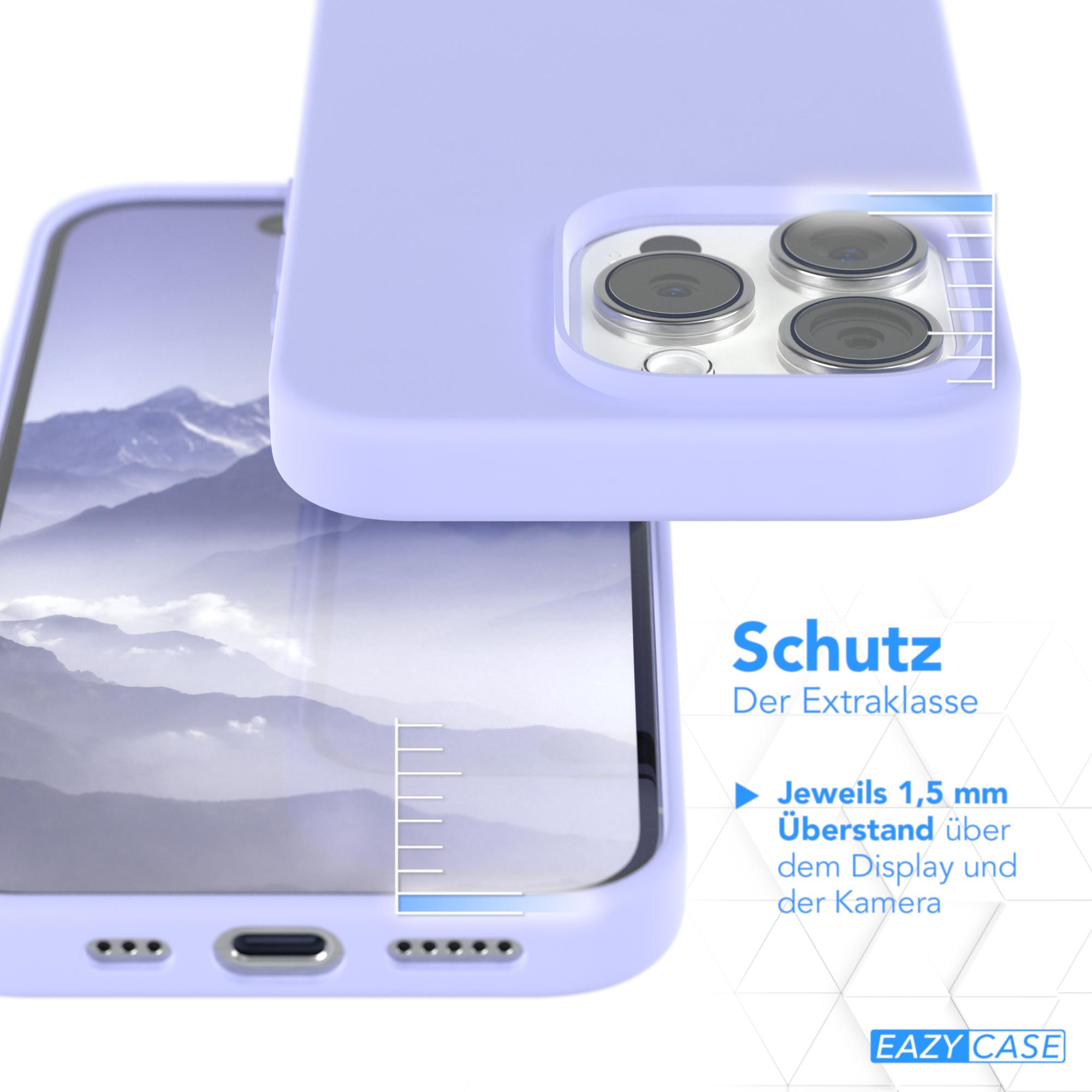 Eine hellviolette Handyhülle auf einem Telefon. Text zeigt 1,5 mm über Display und Kamera zum Schutz.