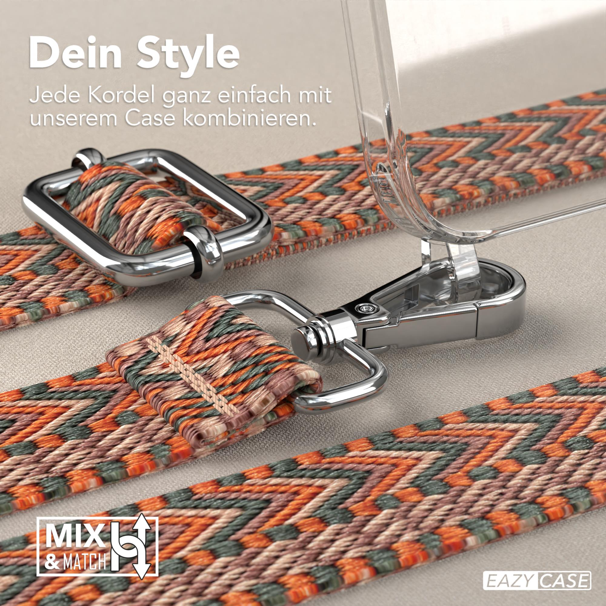 Nahaufnahme einer Handyhülle und eines Riemens mit dekorativem Muster und silberfarbener Hardware.