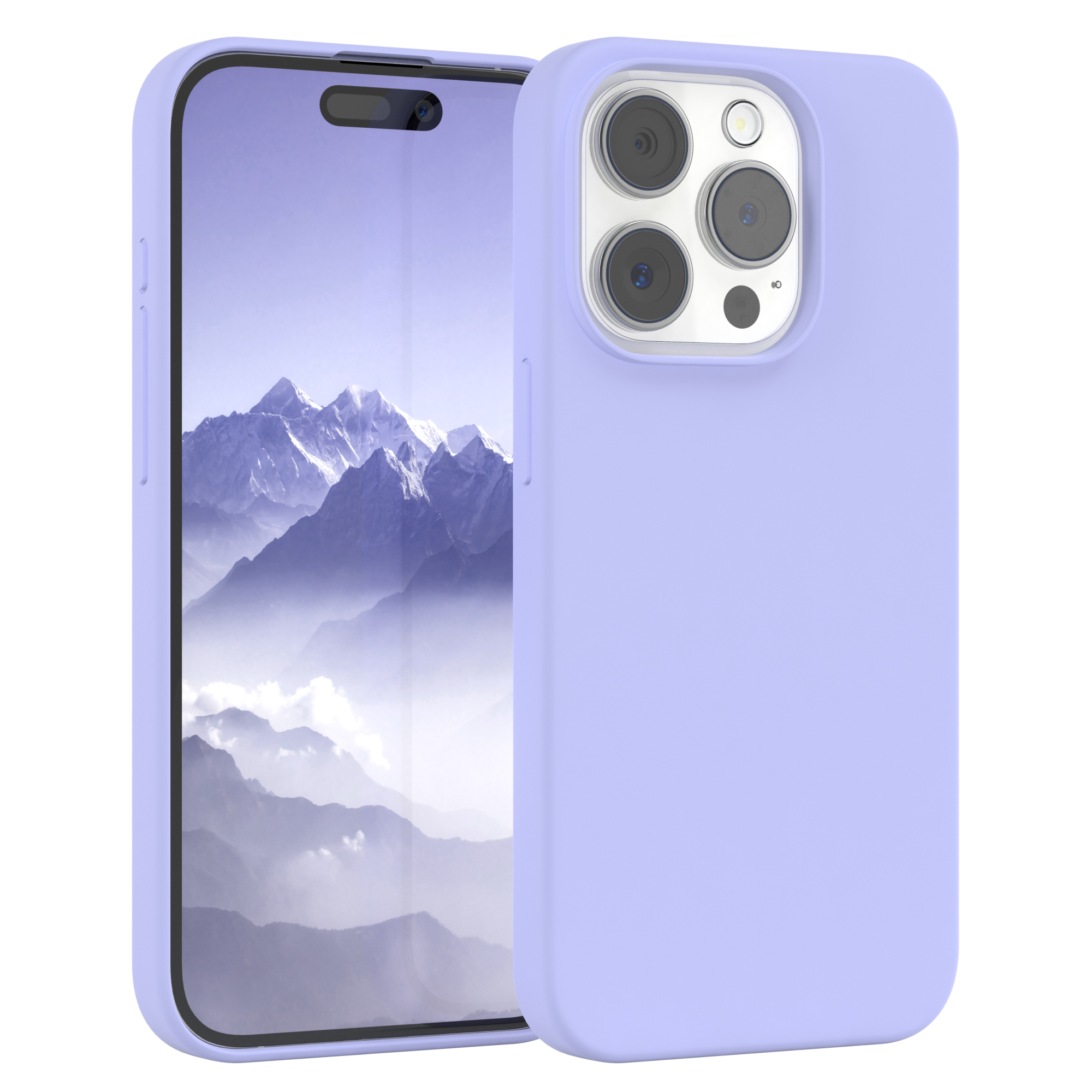 Ein Telefon und eine lavendelfarbene Handyhülle. Telefon zeigt die Kameralinse.