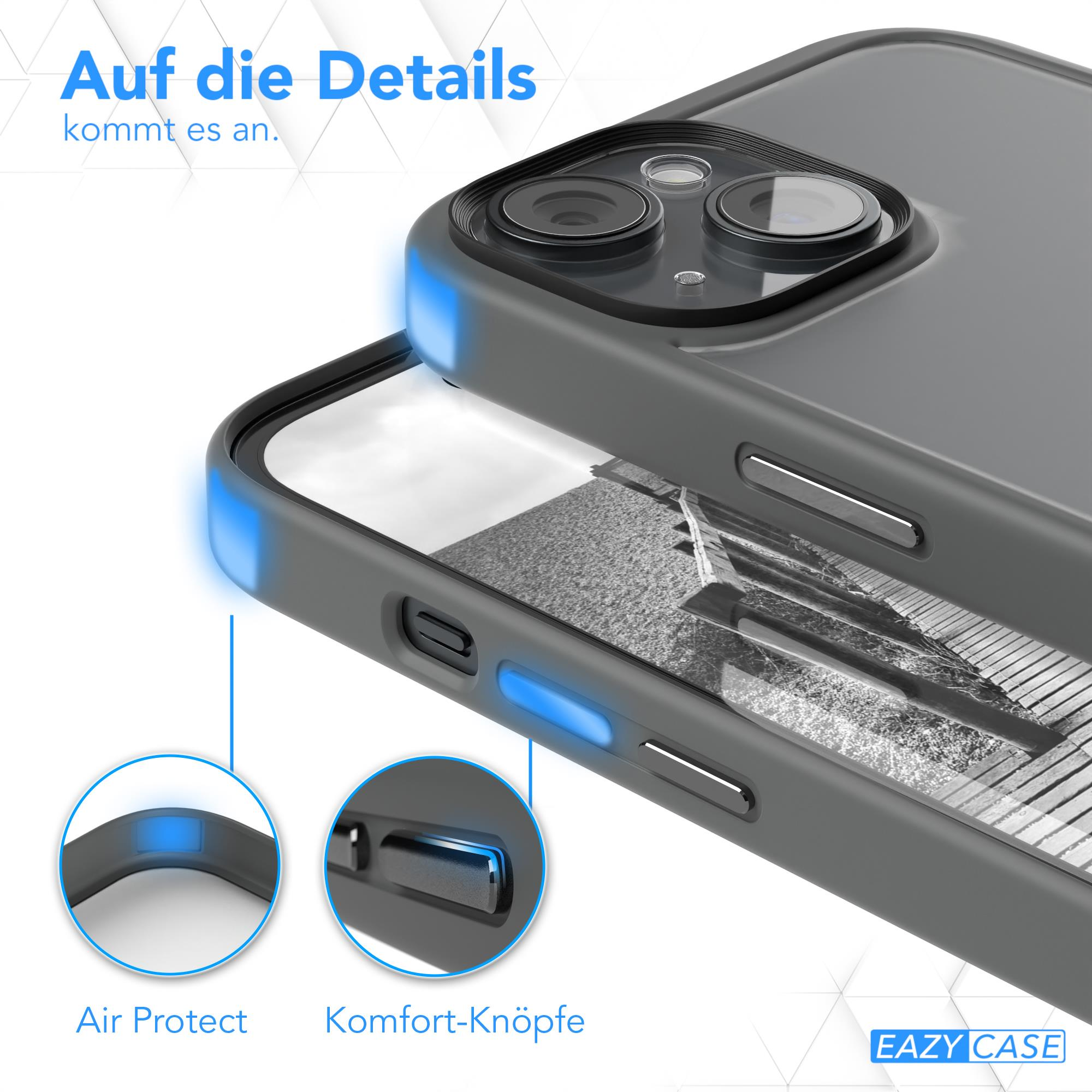 Nahaufnahme einer Handyhülle mit blauen Akzenten. Zeigt Air Protect-Ecken und Komfort-Tasten. Grau und transparent.