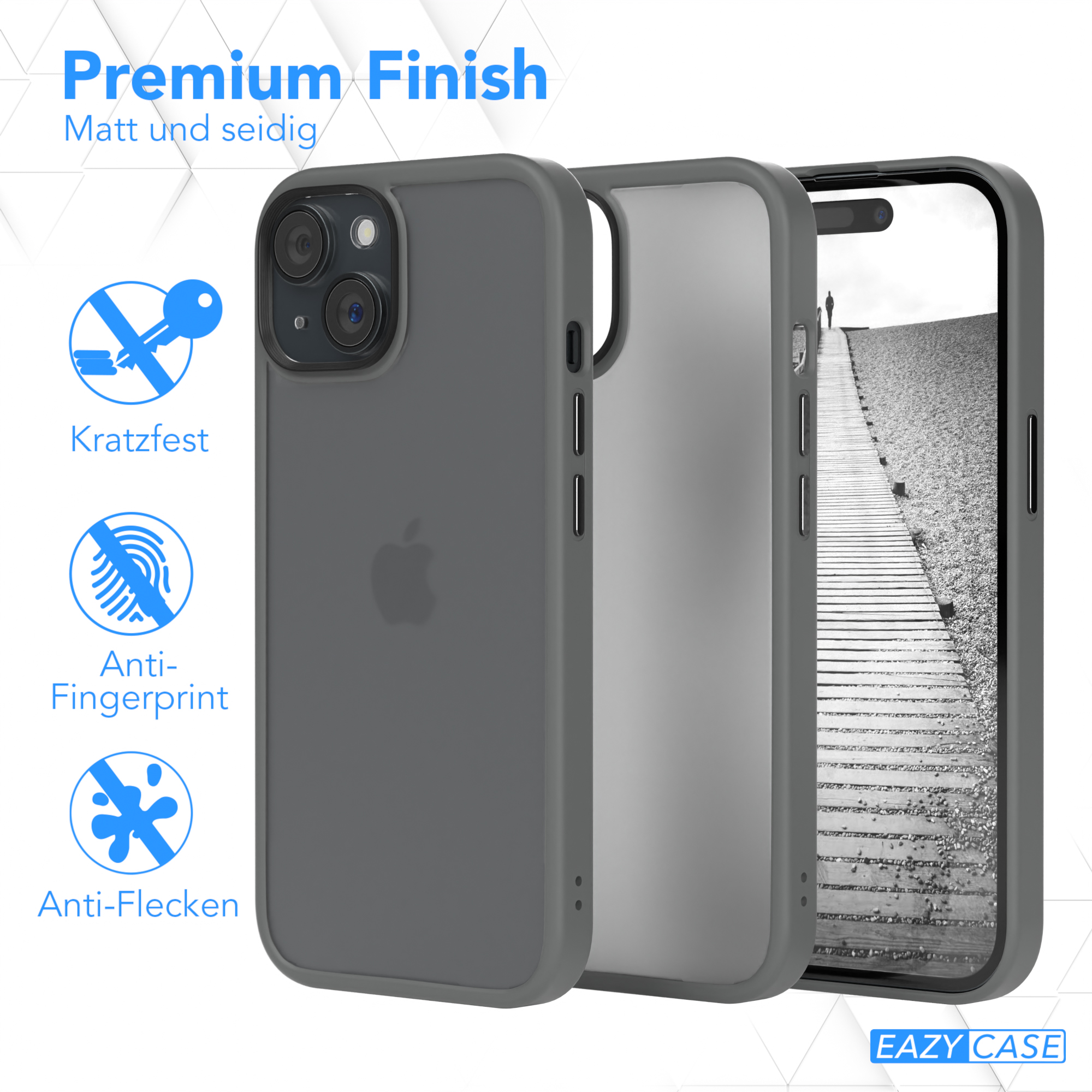 Eine graue Handyhülle mit einem Telefon im Inneren. Sie hat eine matte Oberfläche und ist anti-Fingerprint.