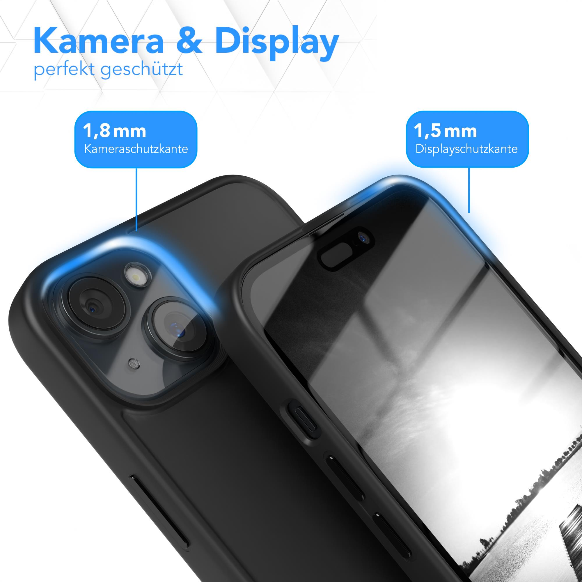 Schwarze Handyhülle über dem Telefon, Kamera- und Bildschirmschutz mit 1,8 mm und 1,5 mm Rändern.