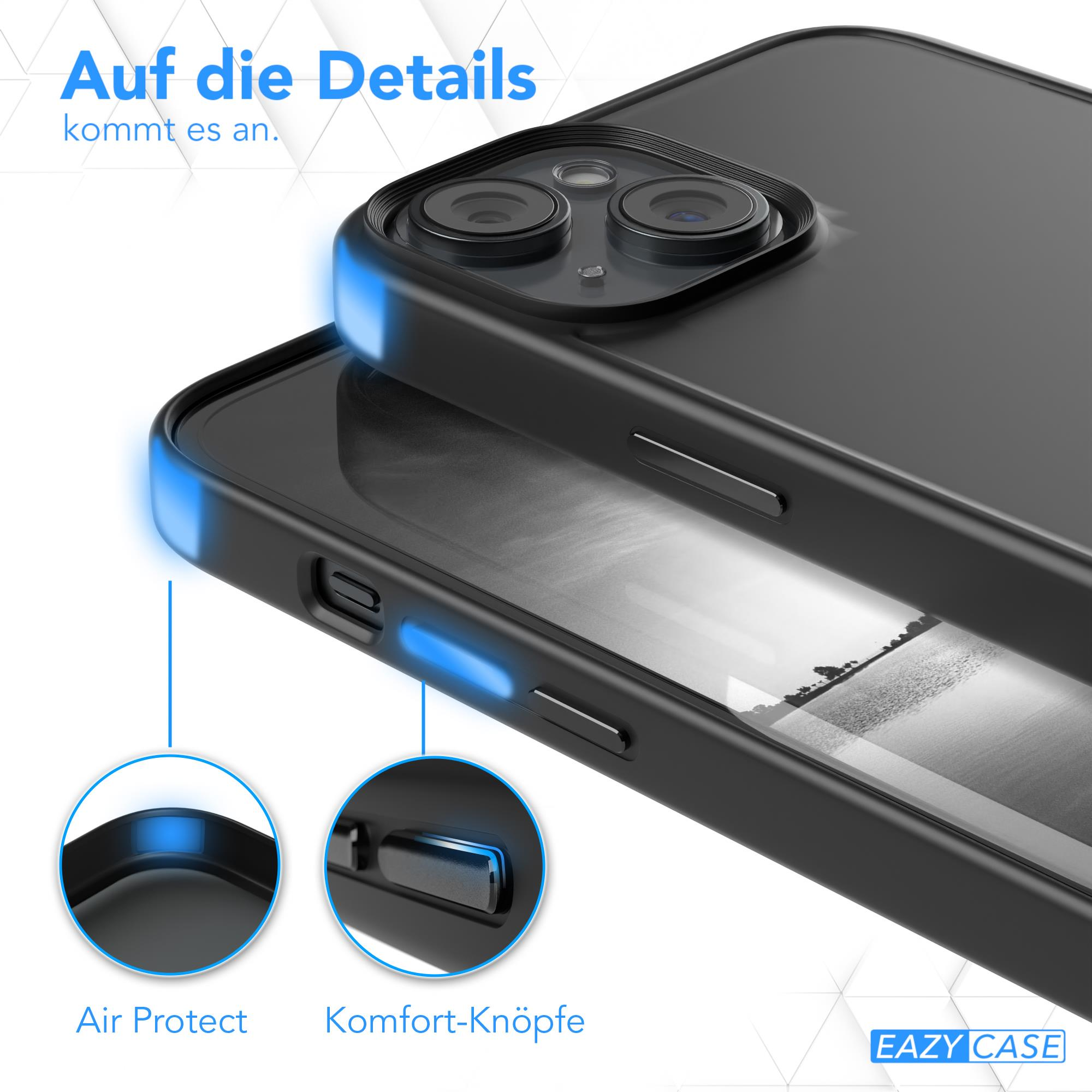 Zwei Handyhüllen, eine schwarz, mit Air Protect und Komfort-Knöpfen im Detail. Text sagt 'Auf die Details'.