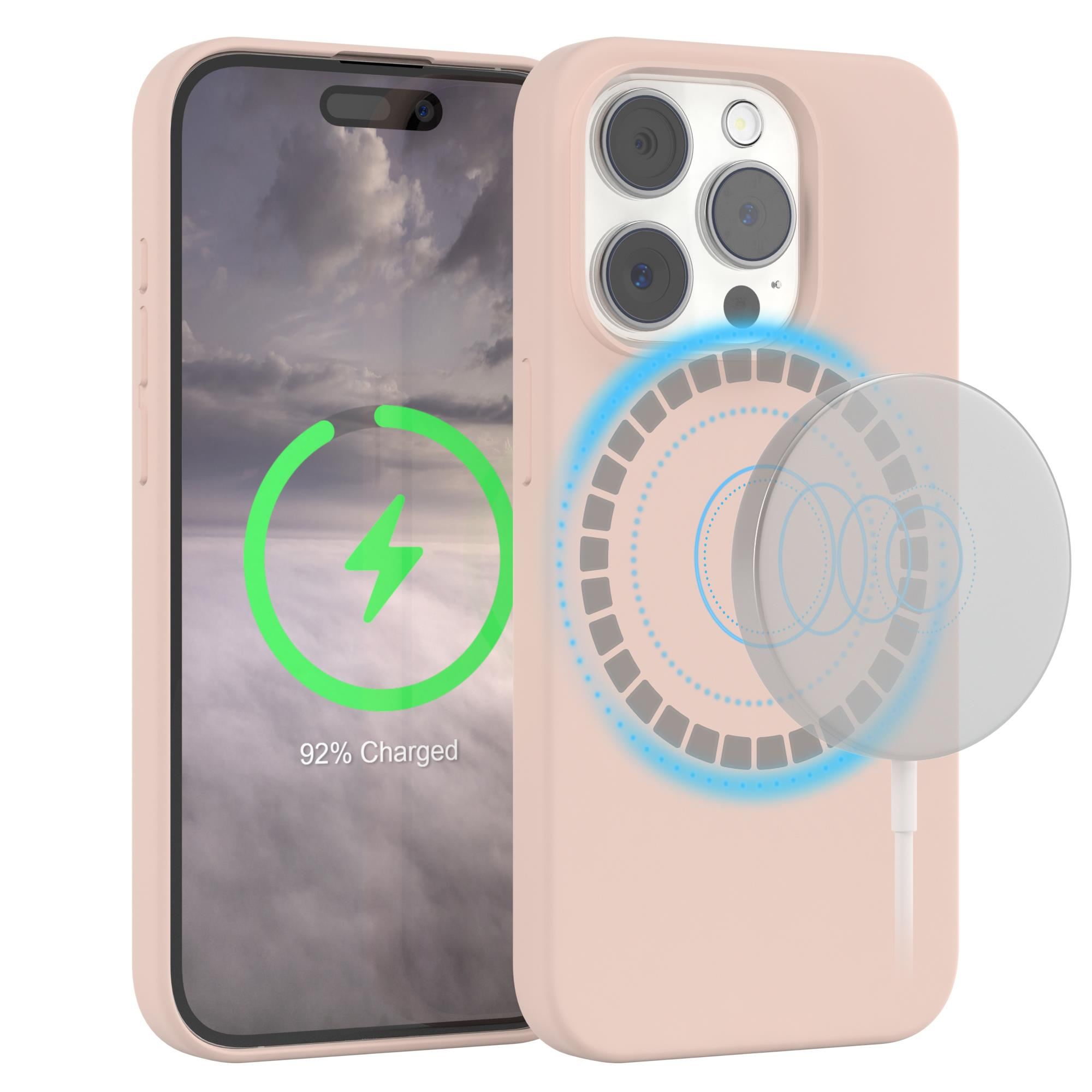 Eine rosa Handyhülle mit einem Telefon darin. Auf dem Bildschirm wird eine Ladeanimation angezeigt.