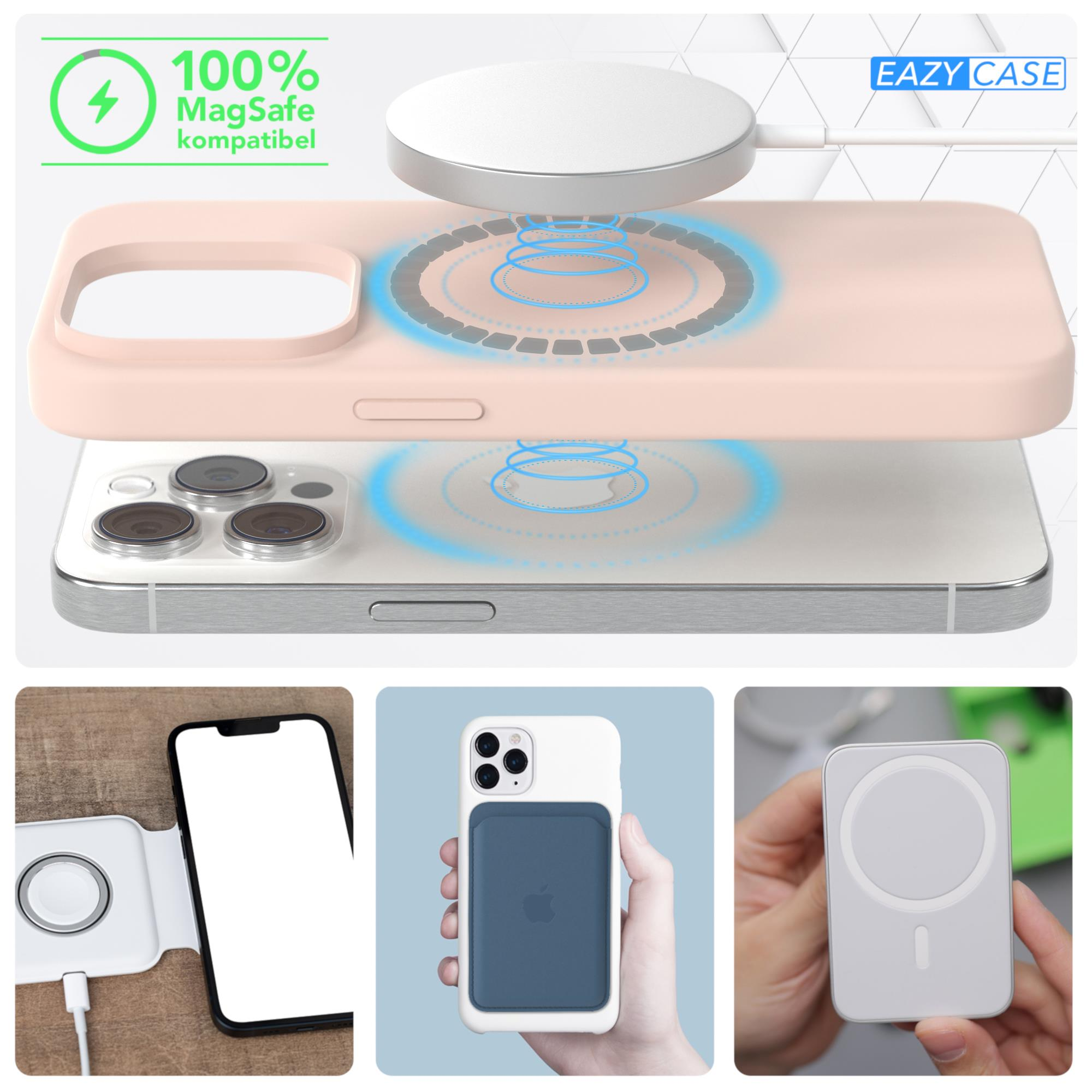 Rosa Handyhülle und Zubehör mit MagSafe-Kompatibilität. Bilder zeigen Handy, Ladegerät und Kartenhalter.