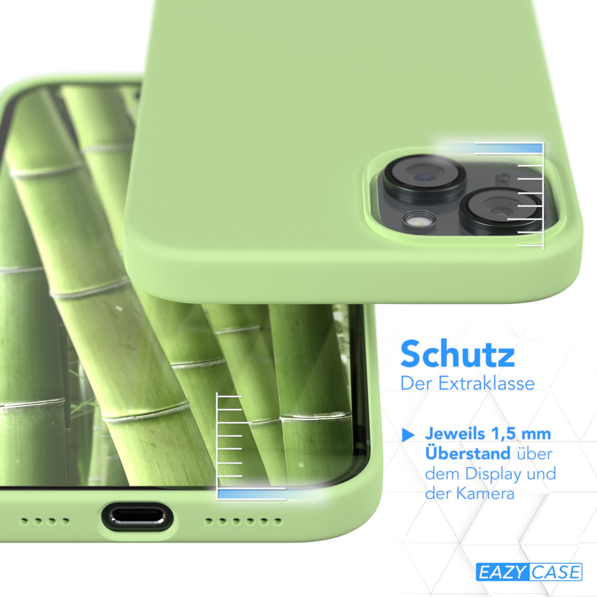 Grüne Handyhülle mit Bambushintergrund, die Schutzfunktionen zeigt.