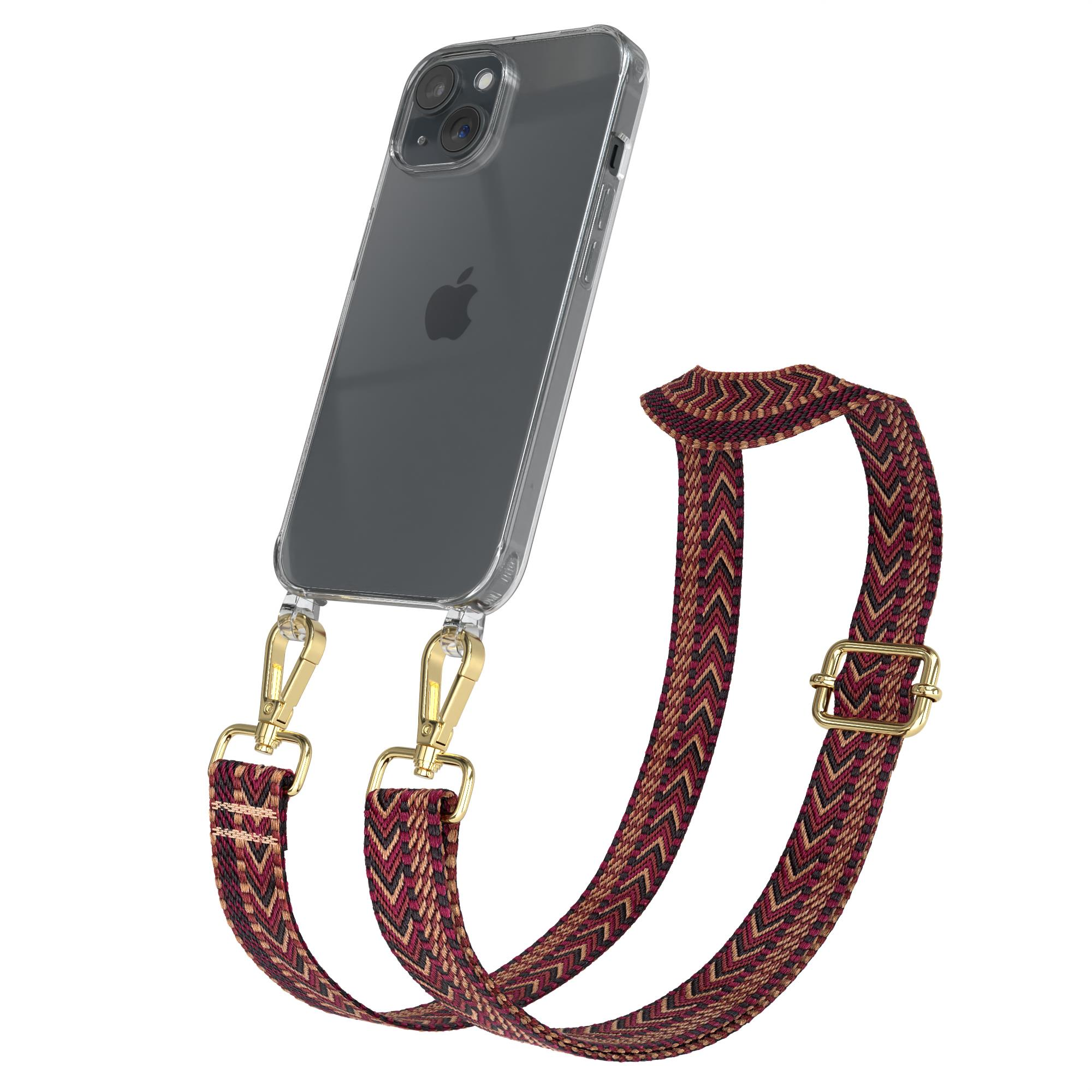 EAZY CASE Transparente mit Braun / Apple, 15, iPhone Rot Umhängetasche, Kordel Boho Style, Handyhülle