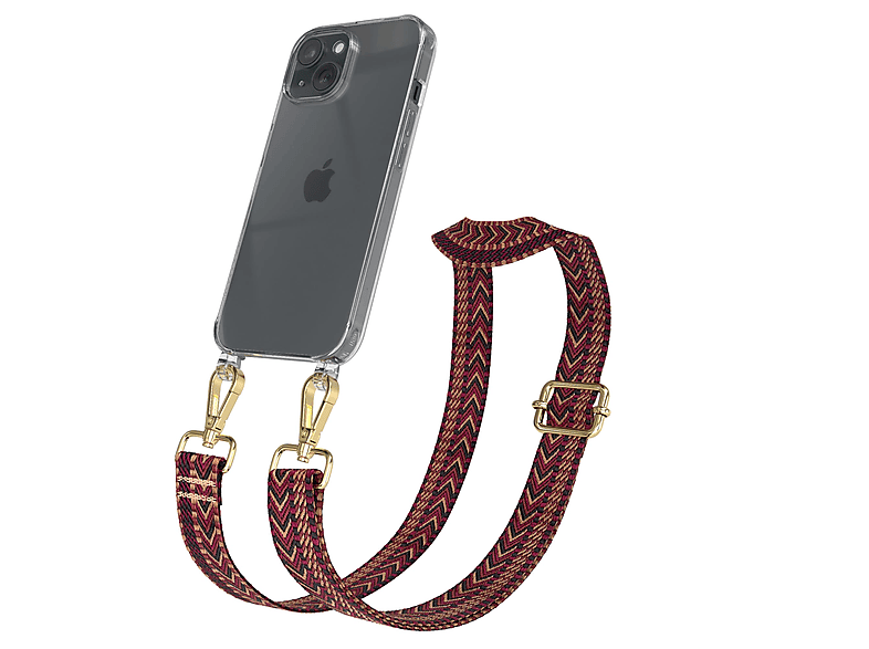 Boho iPhone CASE Handyhülle EAZY Braun Style, mit Kordel Rot / Umhängetasche, Transparente 15, Apple,