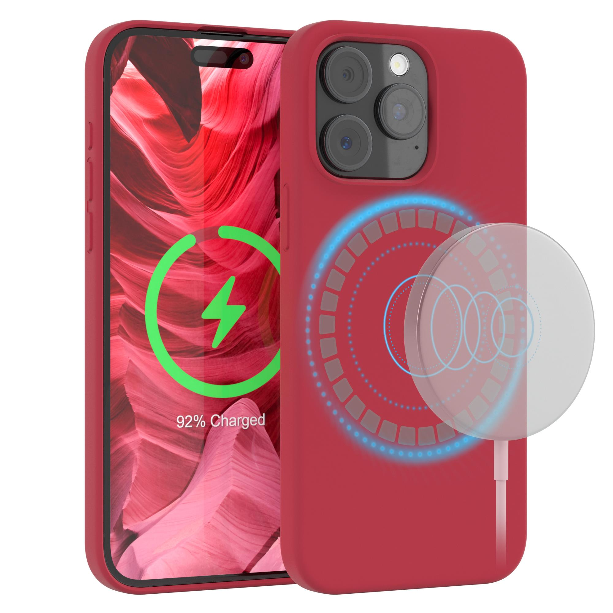Rote Handyhülle mit Ladesymbol. Auf der rechten Seite befindet sich ein weißes Ladepad. Das Telefon ist 92% geladen.