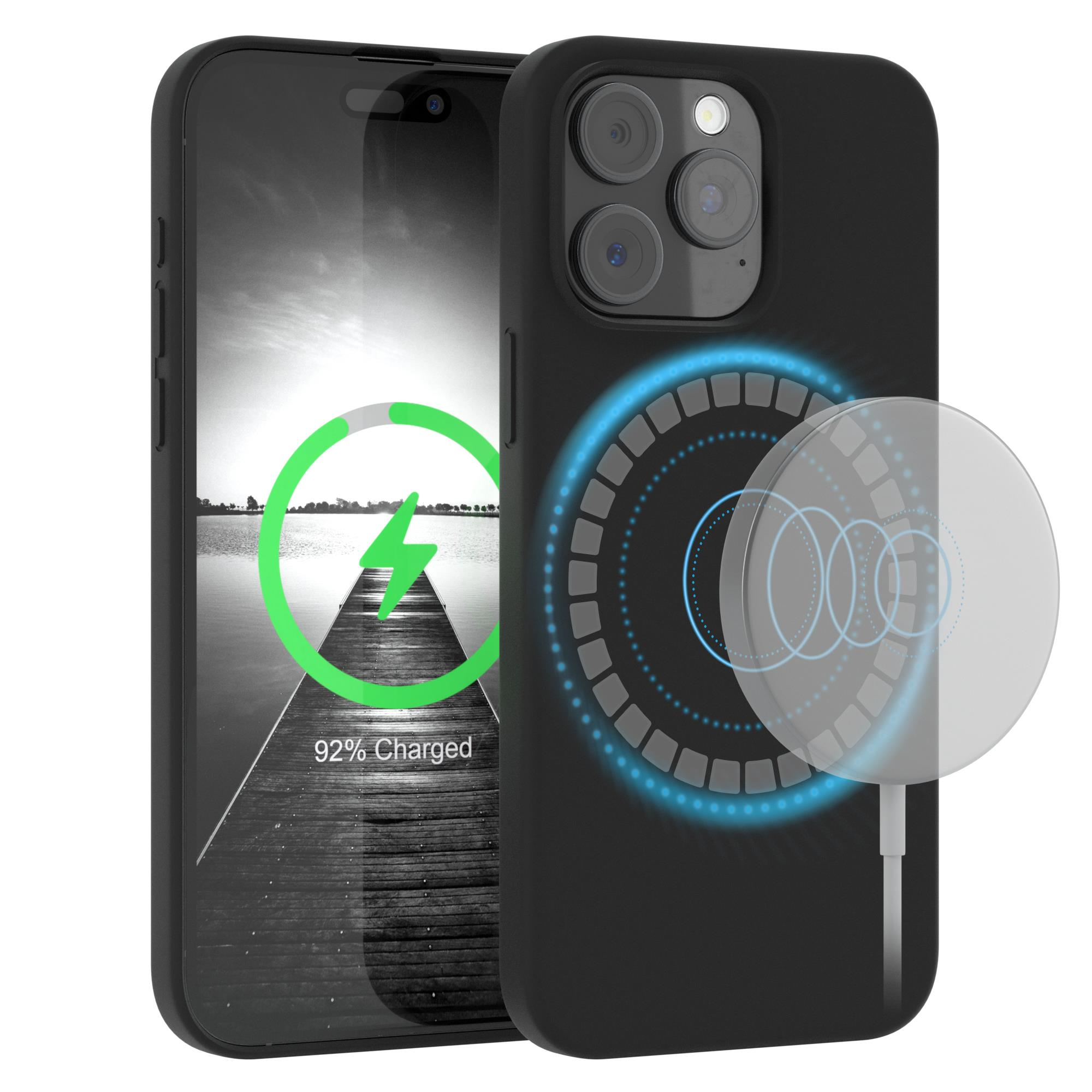 Ein schwarzes Telefon in einer Hülle mit einem Ladepad. Der Bildschirm zeigt ein Ladesymbol und den Prozentsatz an.