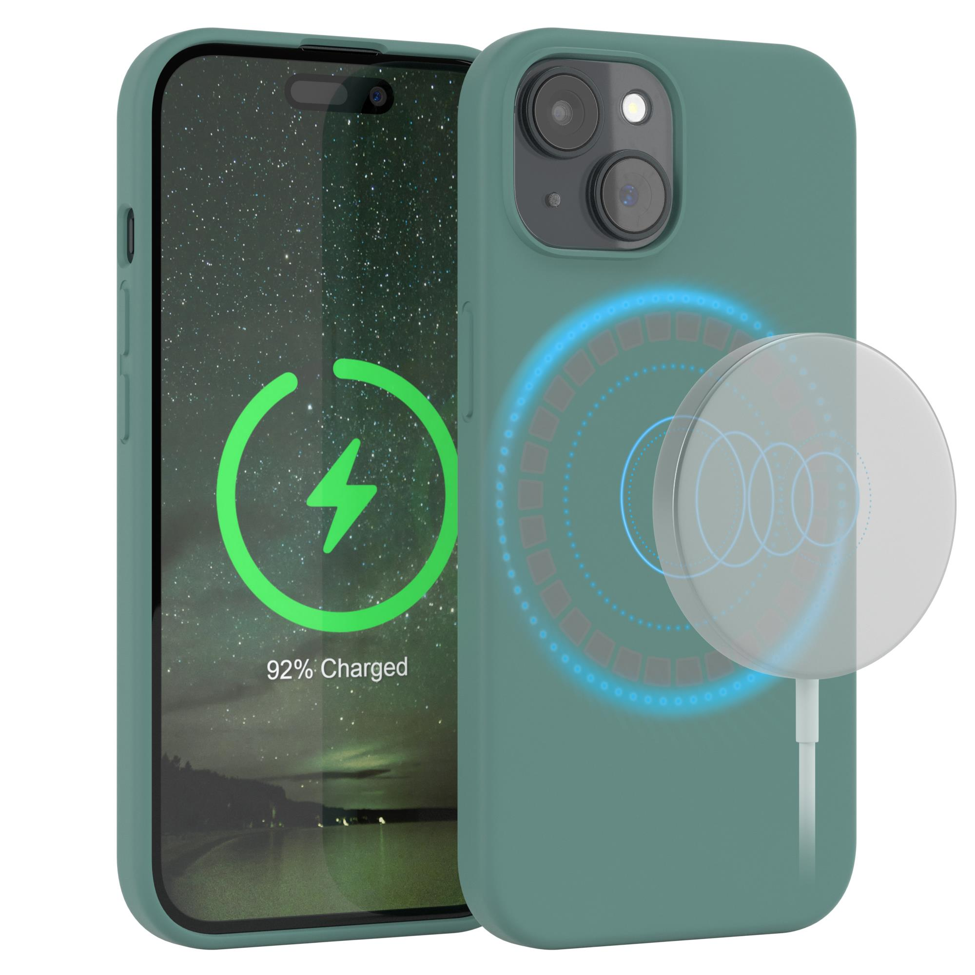 Eine grüne Handyhülle mit einem Telefon und einem kabellosen Ladegerät.
