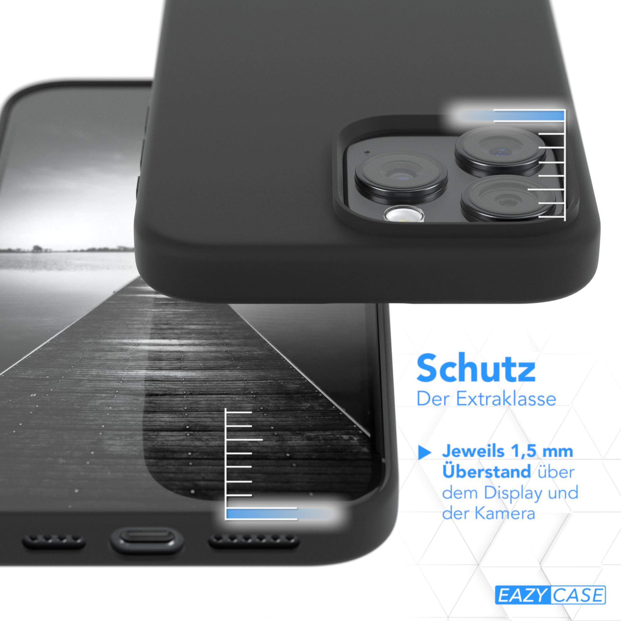 Eine schwarze Handyhülle mit einem Telefon darin. Die Hülle schützt Kamera und Bildschirm.