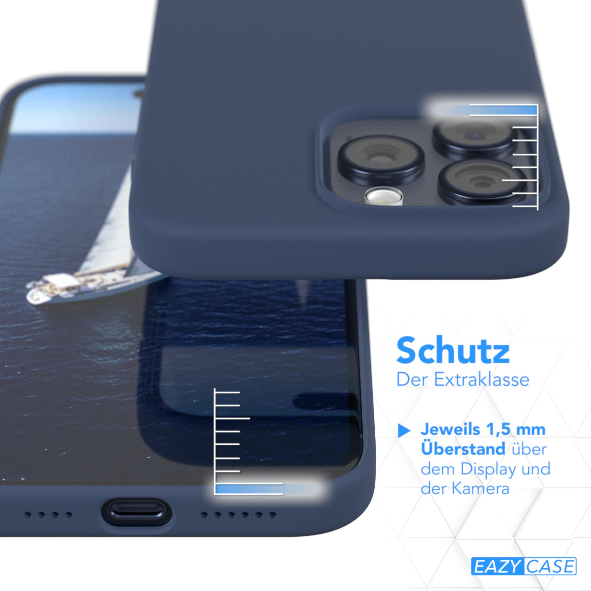 Marineblaue Handyhülle über einem Telefon, mit Text über Schutz.