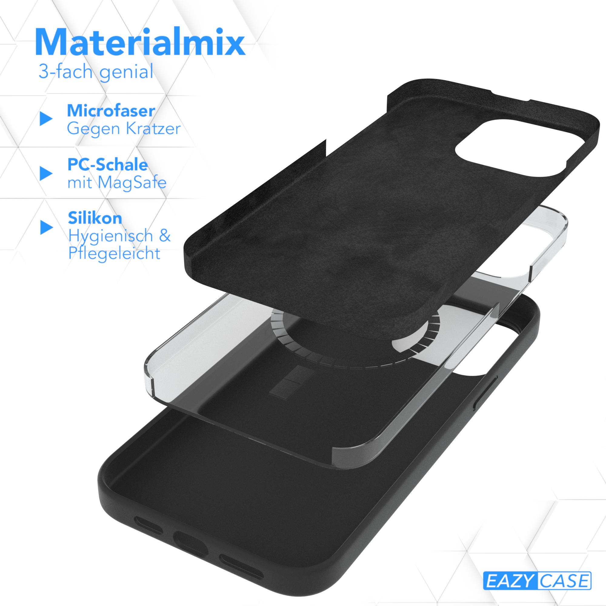 Handyhüllen-Schichten, Mikrofaser, PC-Schale mit MagSafe und Silikonschichten. Hülle ist schwarz.