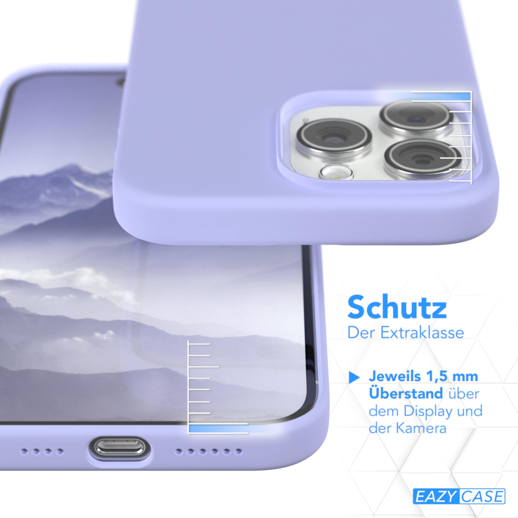 Telefon in lila Hülle. Text über Bildschirmschutz rechts.