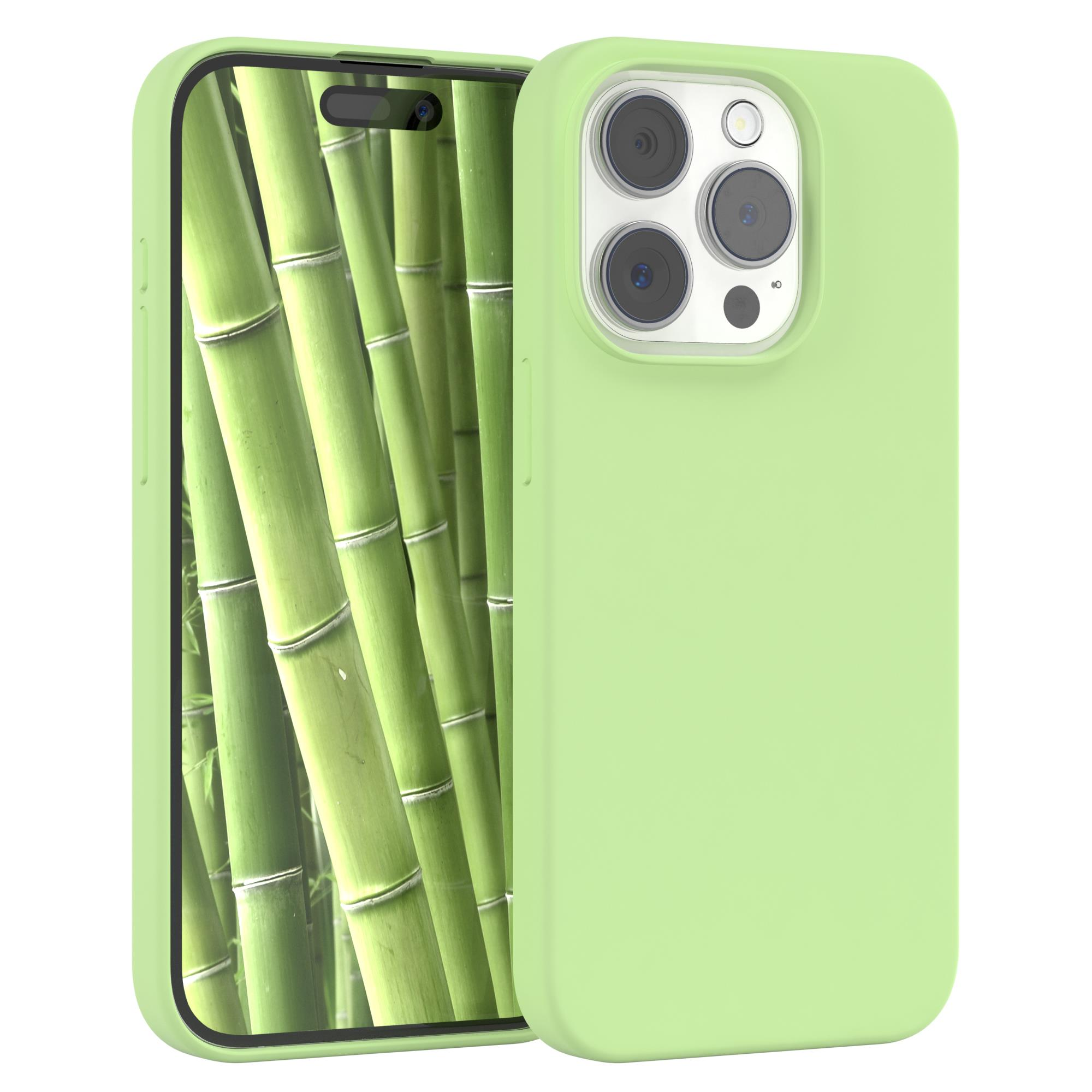Grünes Telefon mit grüner Hülle. Das Display zeigt grüne Bambusstämme.