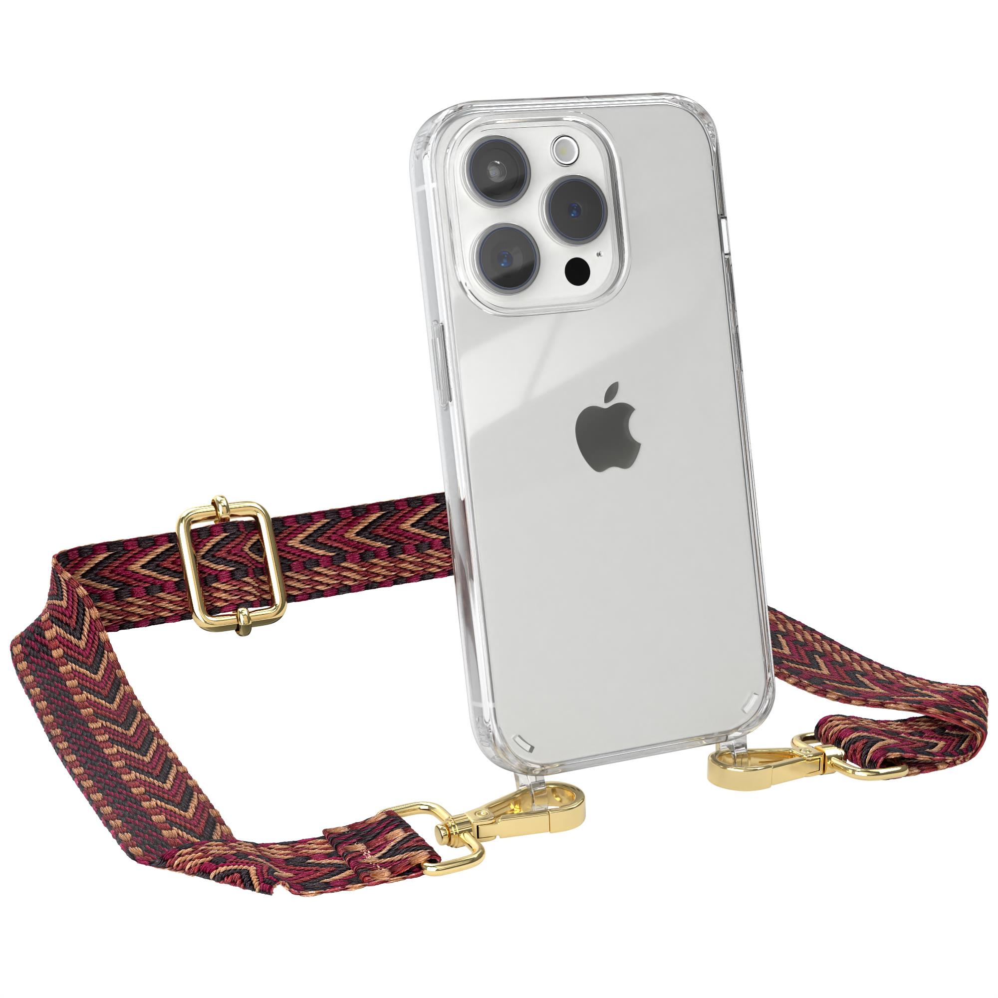 EAZY CASE Transparente Handyhülle mit Braun 15 Apple, Rot Style, Umhängetasche, Pro, Kordel Boho / iPhone