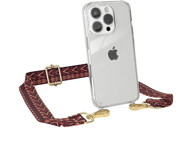 EAZY CASE Transparente Handyhülle mit Kordel Boho Style, Umhängetasche, Apple, iPhone 15 Pro, Rot / Braun