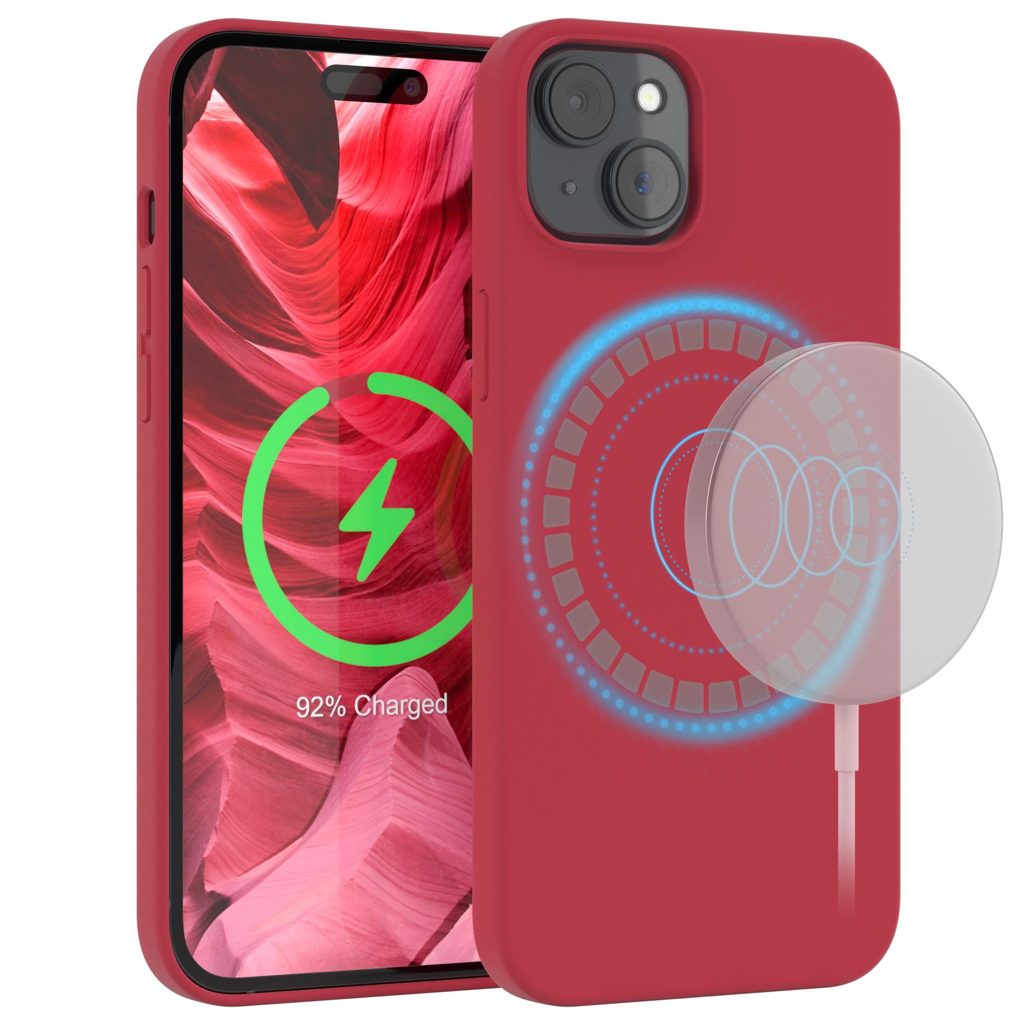 Rotes Telefon mit Hülle und Ladeanzeige auf dem Bildschirm.