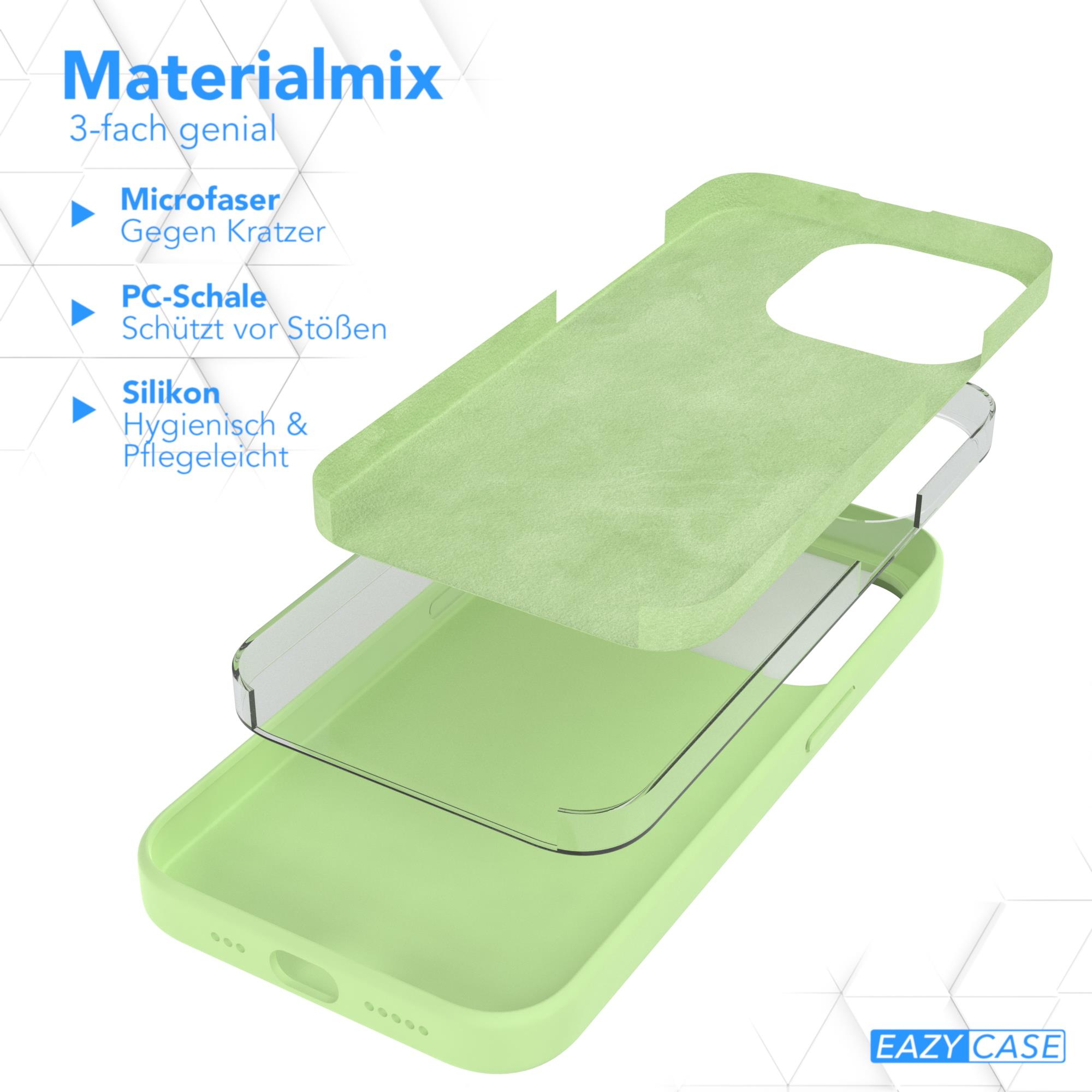 Eine mehrschichtige Handyhülle, die die verschiedenen Materialien zeigt: Mikrofaser, PC-Schale und Silikon.