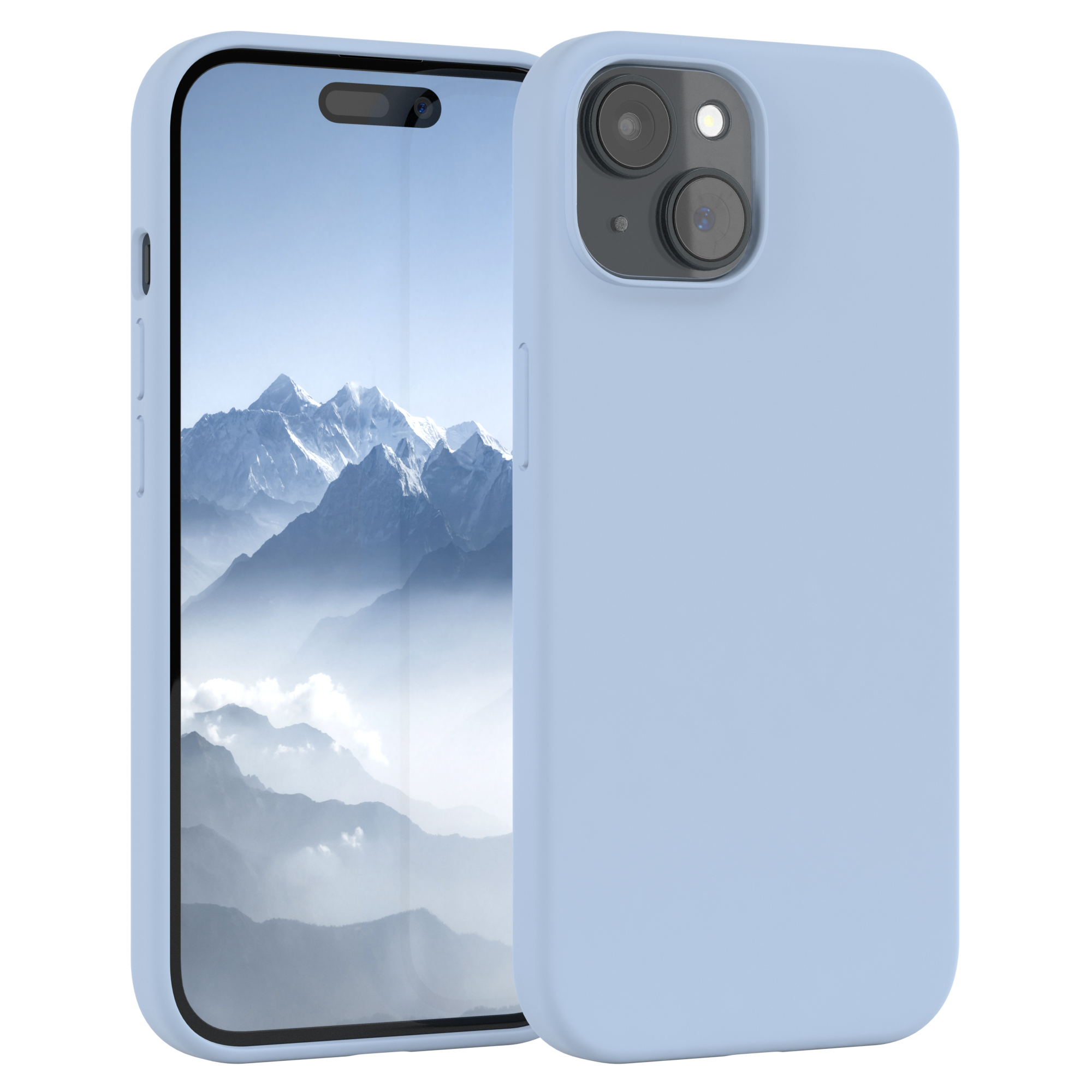 Hellblaues Telefon mit Berglandschaft, neben der Hülle.