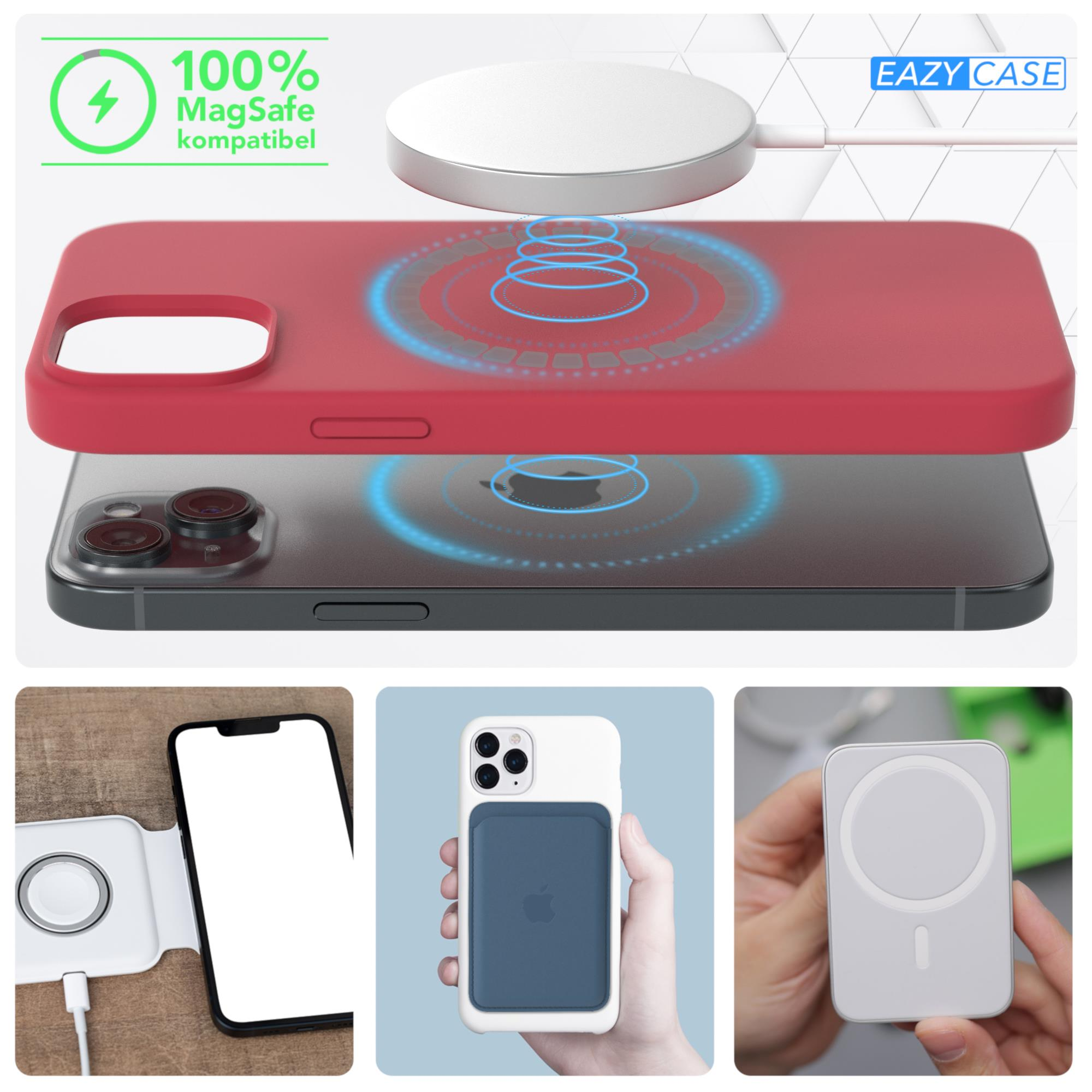 MagSafe-kompatible Handyhülle. Zeigt Hülle mit Telefon und Ladepad mit Zubehör.