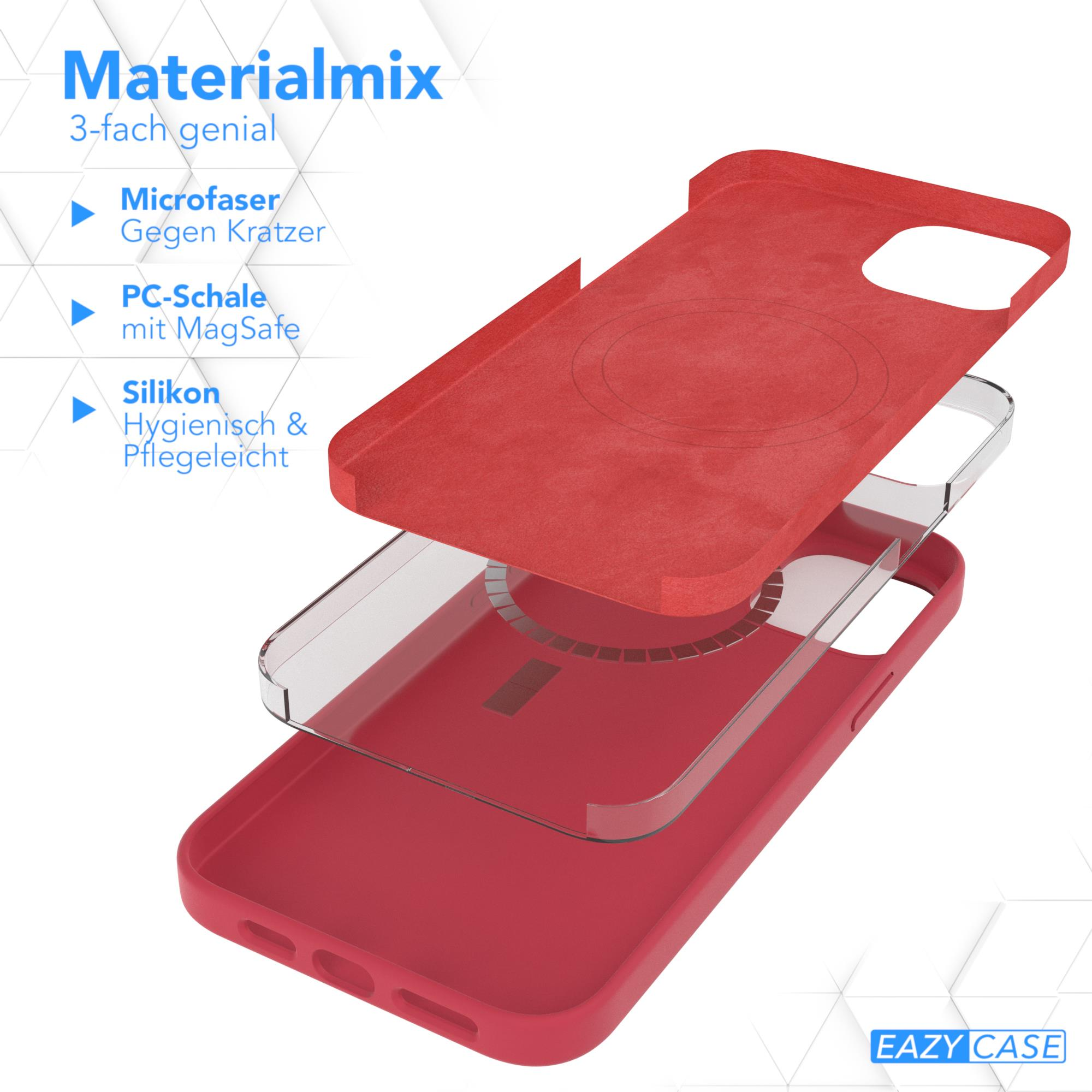 Diagramm einer roten Handyhülle mit drei Schichten: Mikrofaser, PC-Schale mit MagSafe und Silikon, mit Beschriftungen.