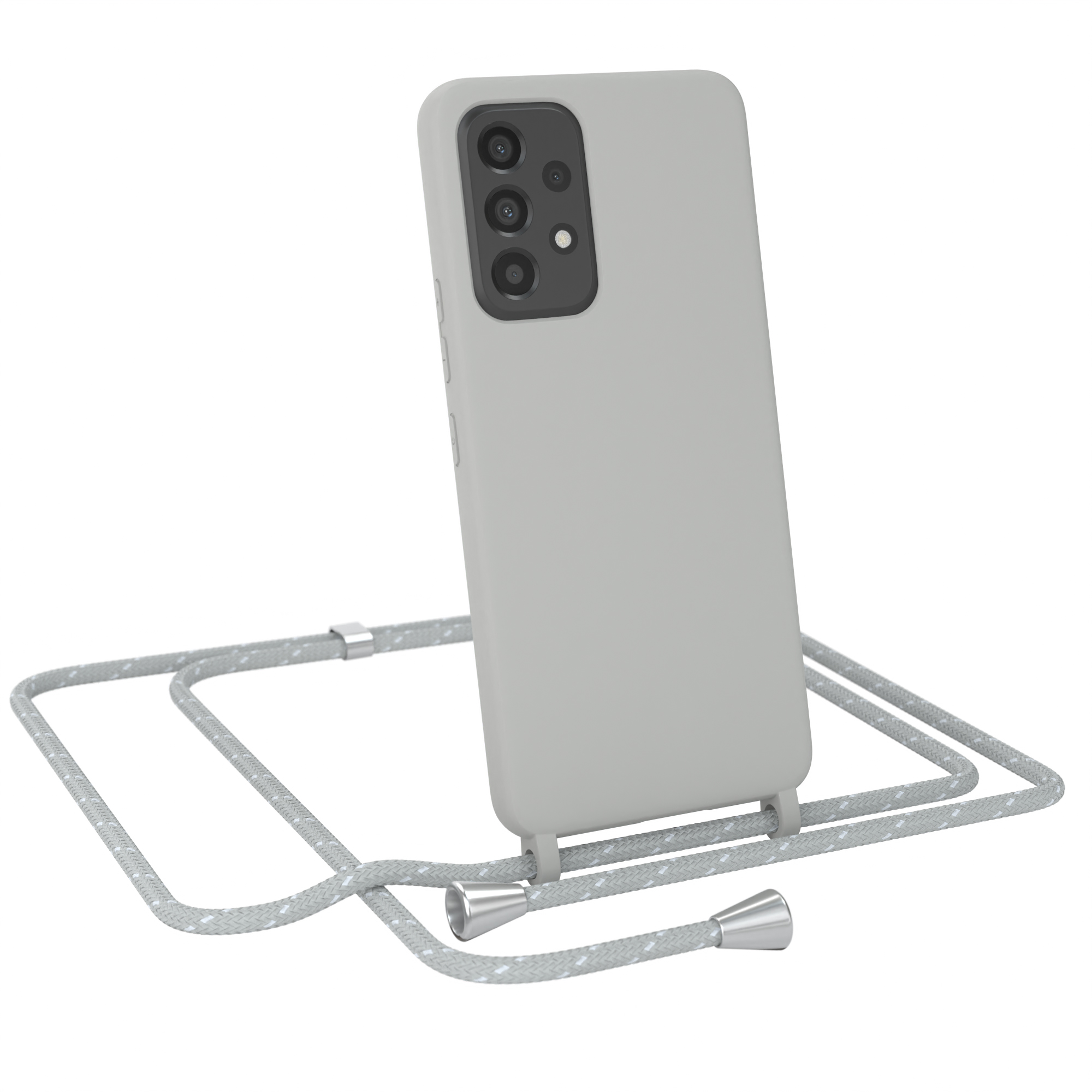 Hellgraue Handyhülle auf einem Telefon mit grauem Riemen. Das Telefon hat drei Kameras.