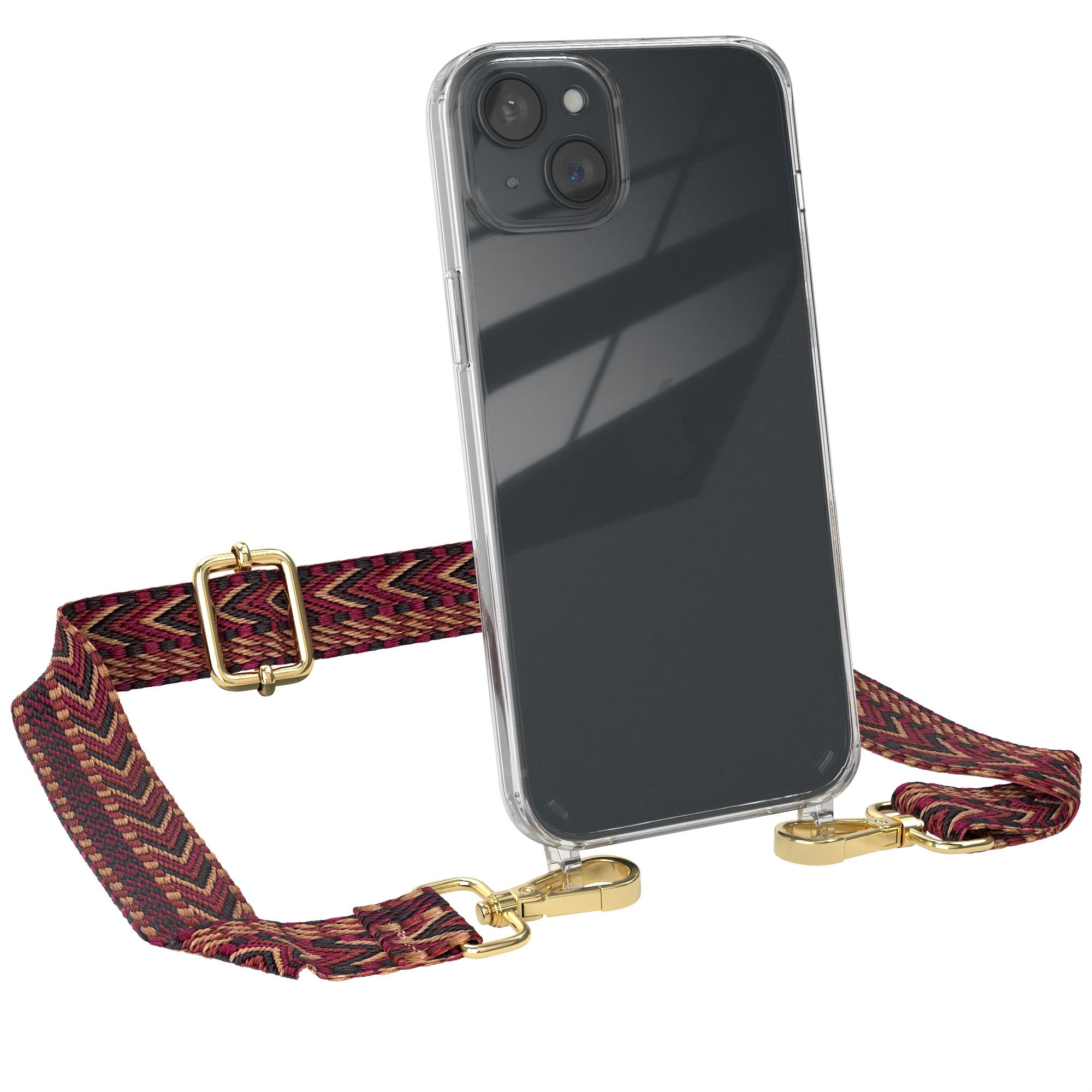 Telefon mit Hülle und Riemen. Telefon in einer transparenten Hülle mit einem gemusterten Riemen. Weißer Hintergrund.