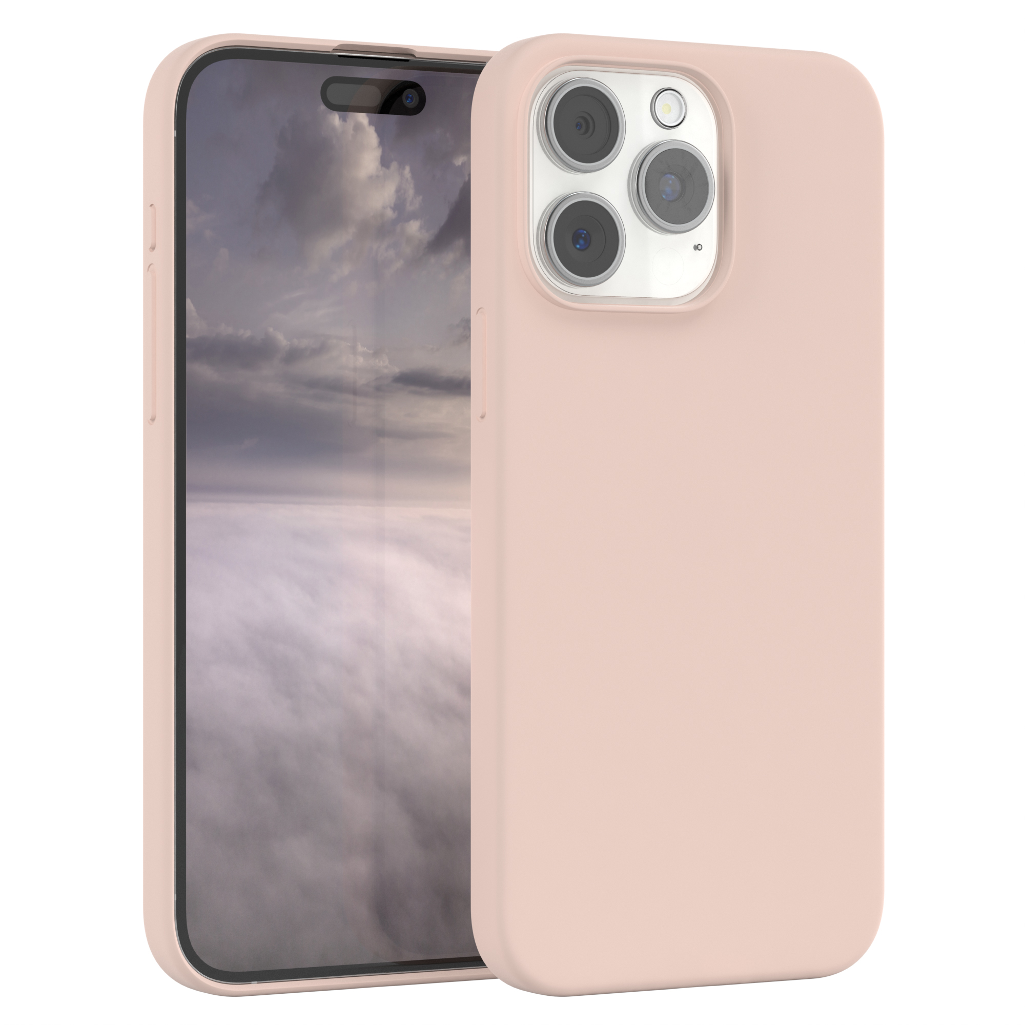 Rosa Telefon mit Hülle. Der Bildschirm zeigt verschwommene Landschaft. Telefon rechts.