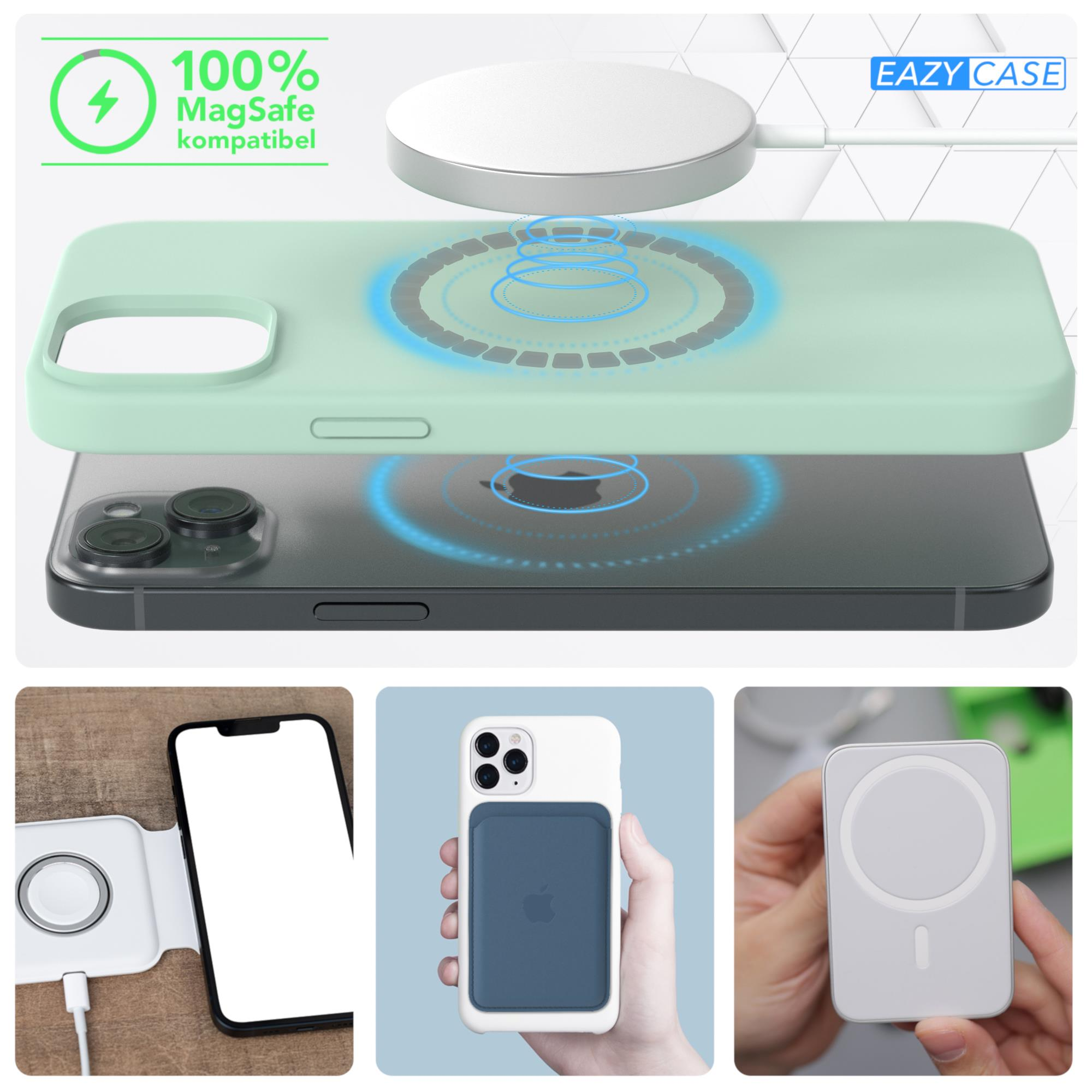 Handyhülle mit Telefon, MagSafe-Ladegerät und Zubehör.