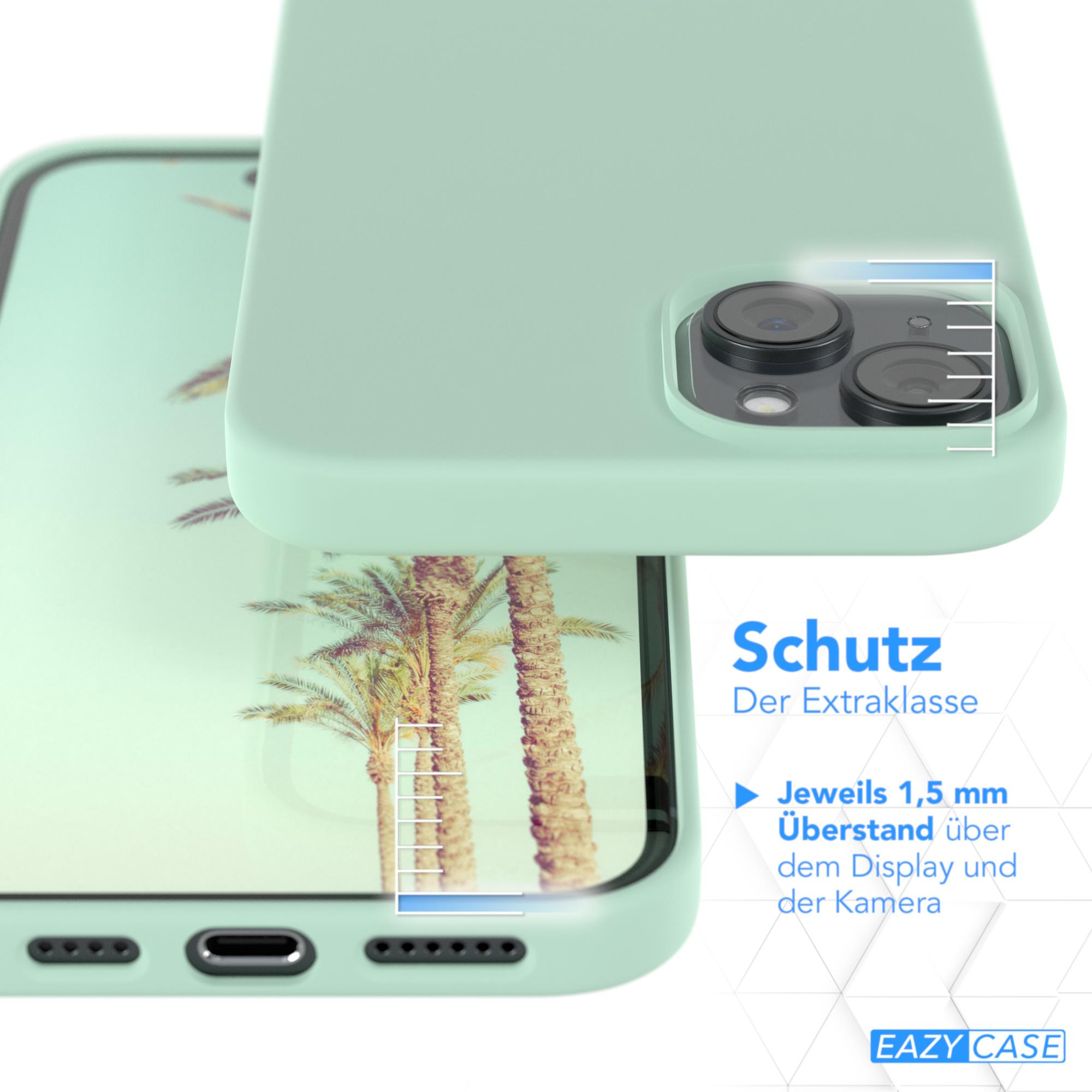 Minzgrüne Handyhülle mit einem Telefon, das ein Palmen-Hintergrundbild zeigt. Der Text lautet Schutz.