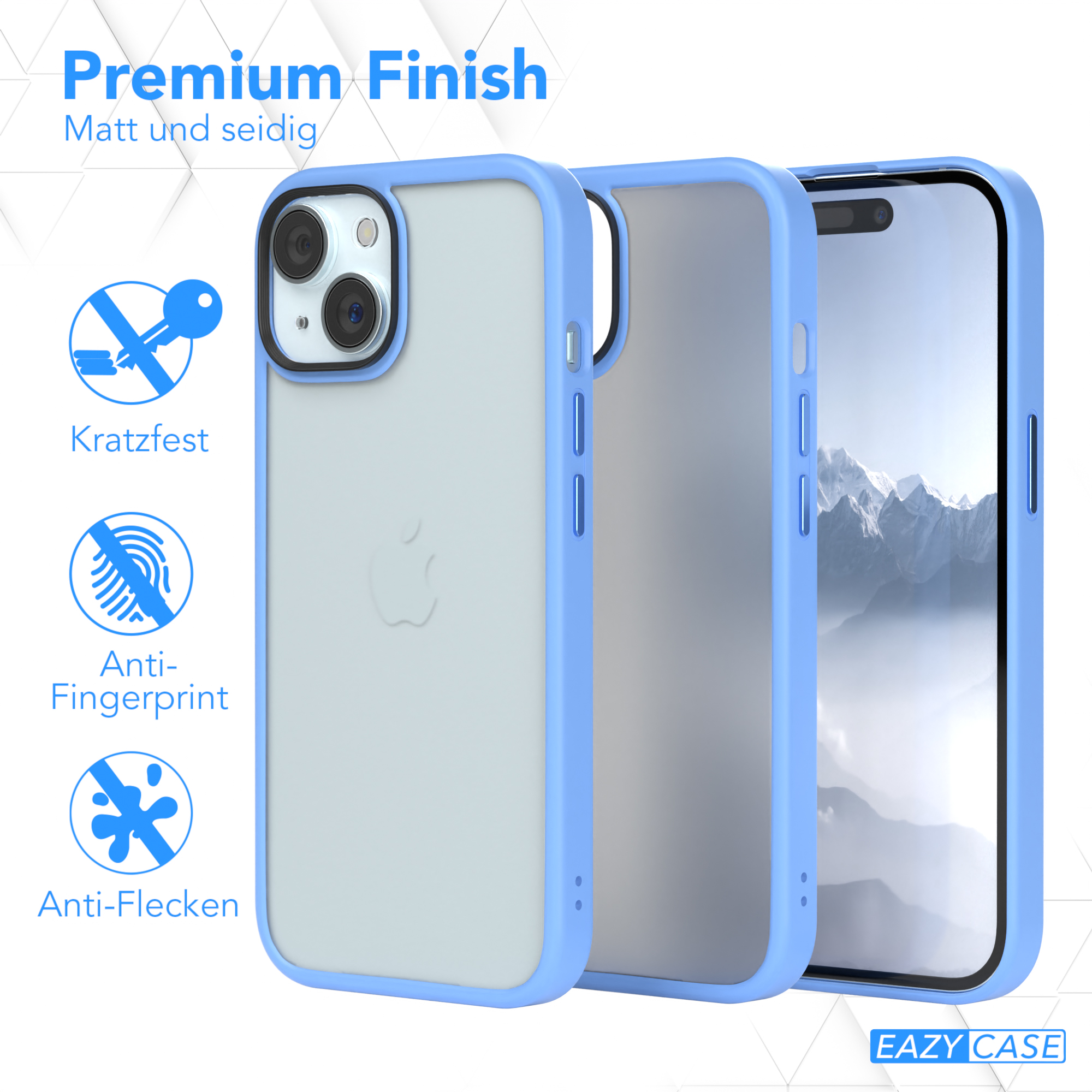 Blaue Handyhülle mit transparentem Rücken, weißer Hintergrund.