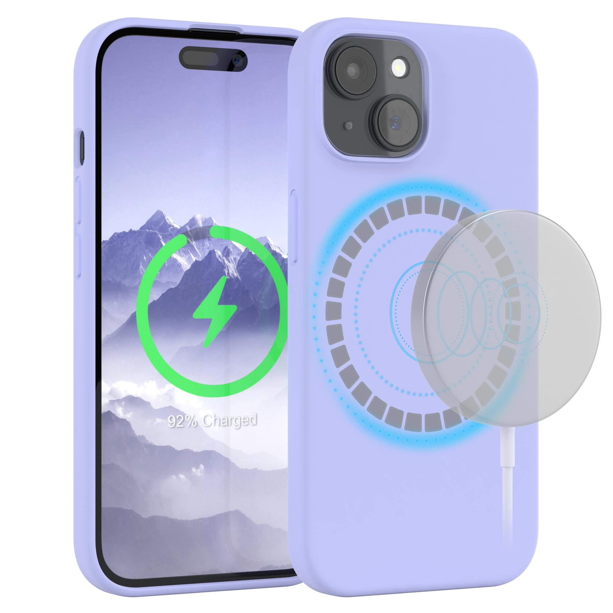 Ein Telefon in einer lila Hülle wird kabellos aufgeladen. Der Bildschirm zeigt ein Ladesymbol. Der Hintergrund ist ein Berg.