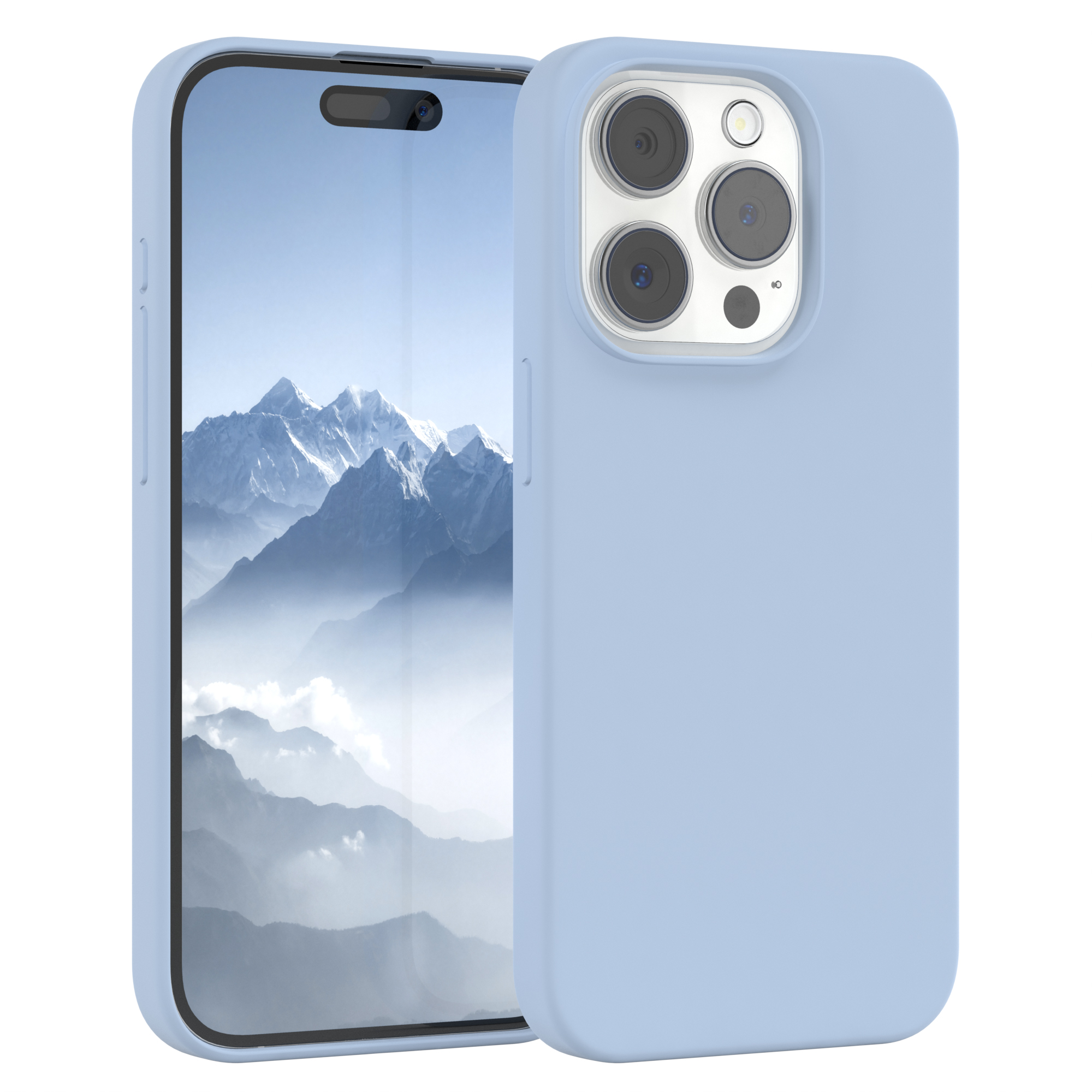 Blaues Telefon mit Hülle, zeigt Berglandschaft. Die Hülle hat eine passende Farbe.