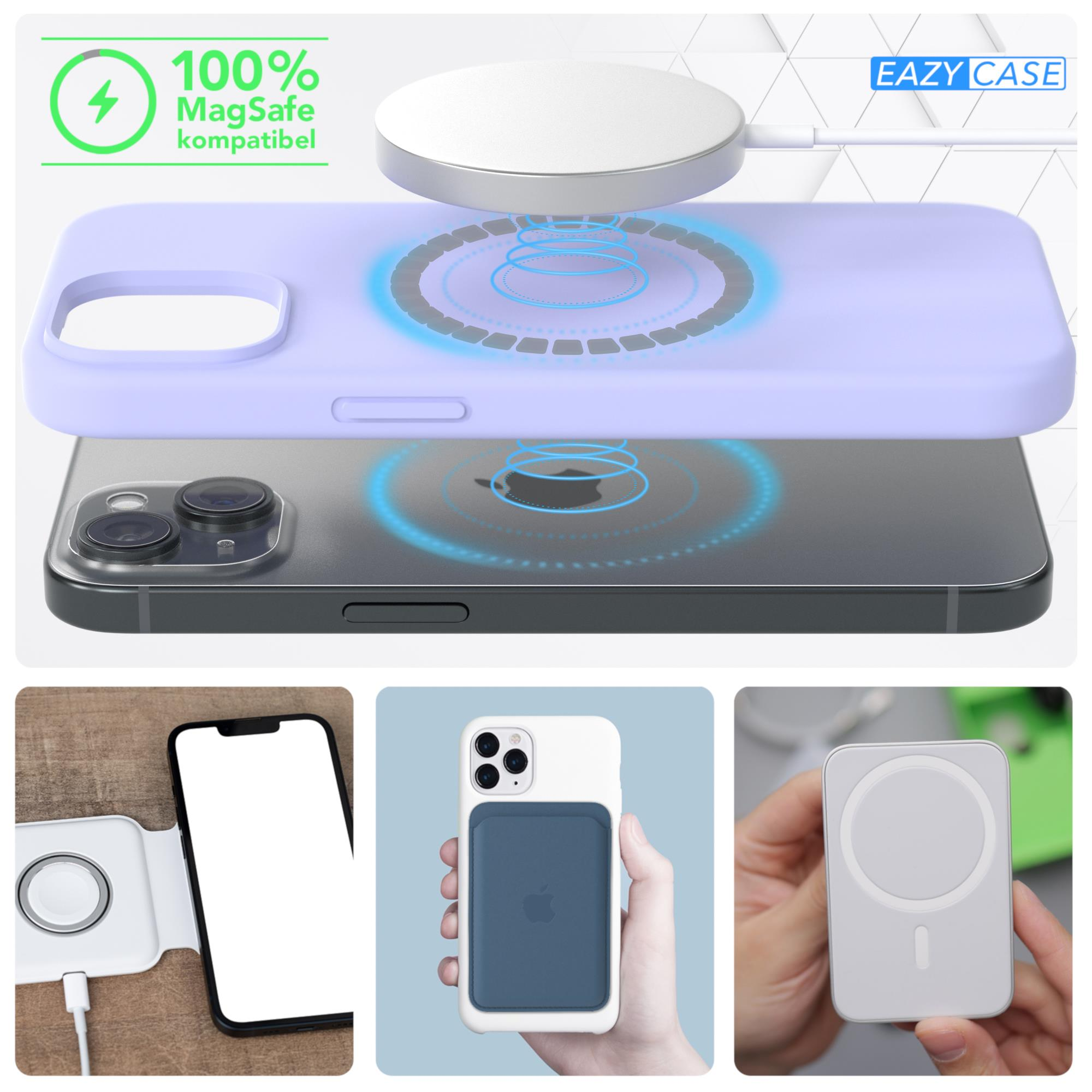 Telefon mit lila Hülle, MagSafe kompatibel, mit Ladescheibe darüber. Weitere Bilder von Ladezubehör.