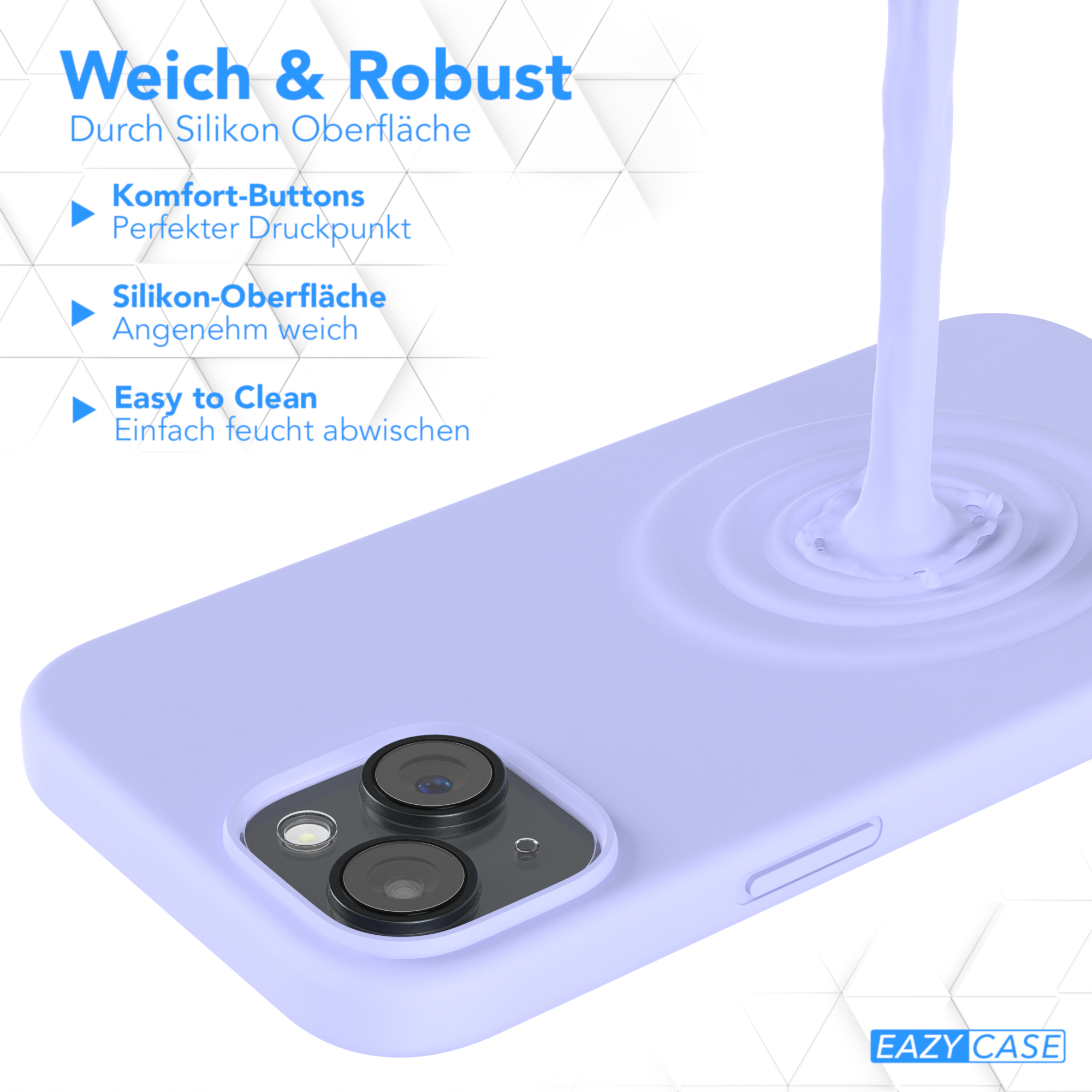 Eine lavendelfarbene Handyhülle mit einem Telefon darin. Text: Weich & Robust, Komfor-Buttons und Easy to Clean.