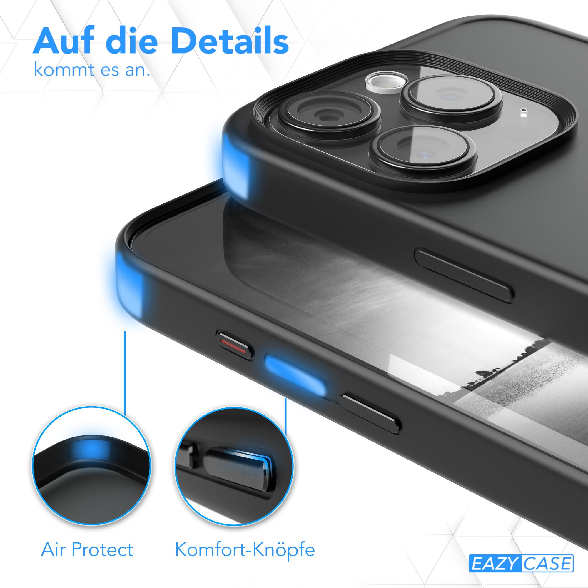 Zwei schwarze Handyhüllen mit blauen Akzenten. Text auf Deutsch: "Auf die Details kommt es an."