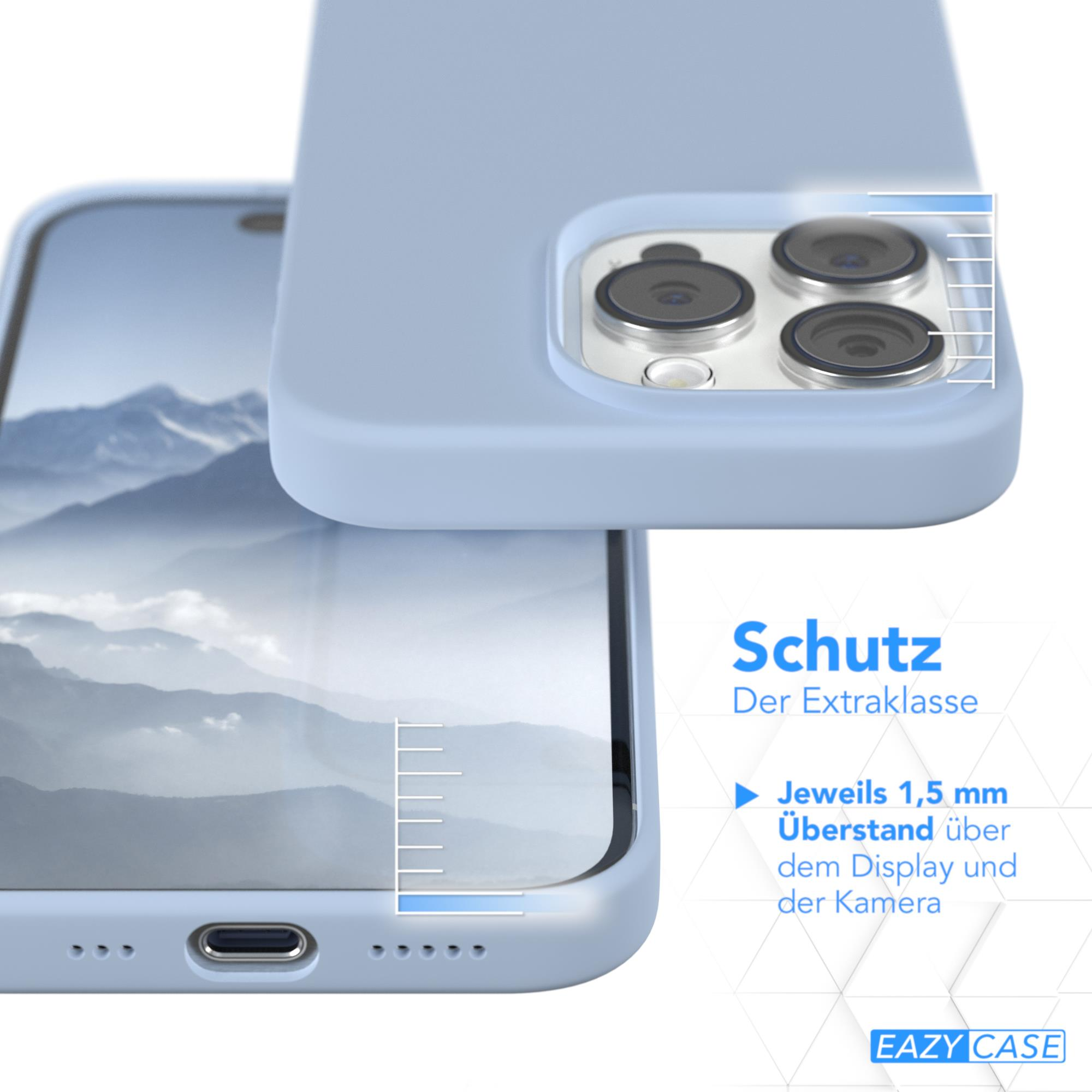 Hellblaue Handyhülle auf einem weißen Telefon. Hülle leicht geöffnet, zeigt den Bildschirm.