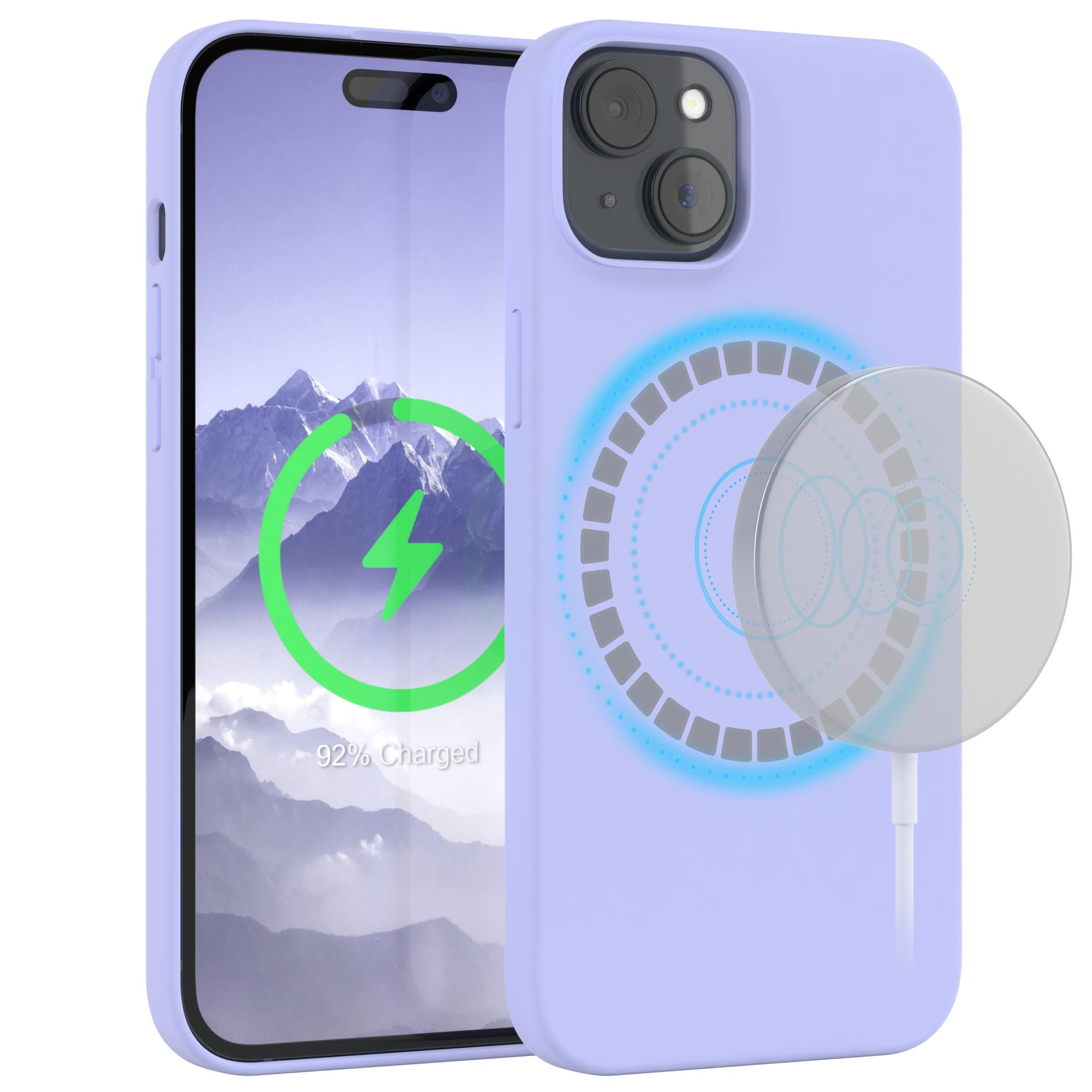 Ein lilafarbenes iPhone mit Ladebildschirm und Ladekreis, neben einem MagSafe-Ladegerät.