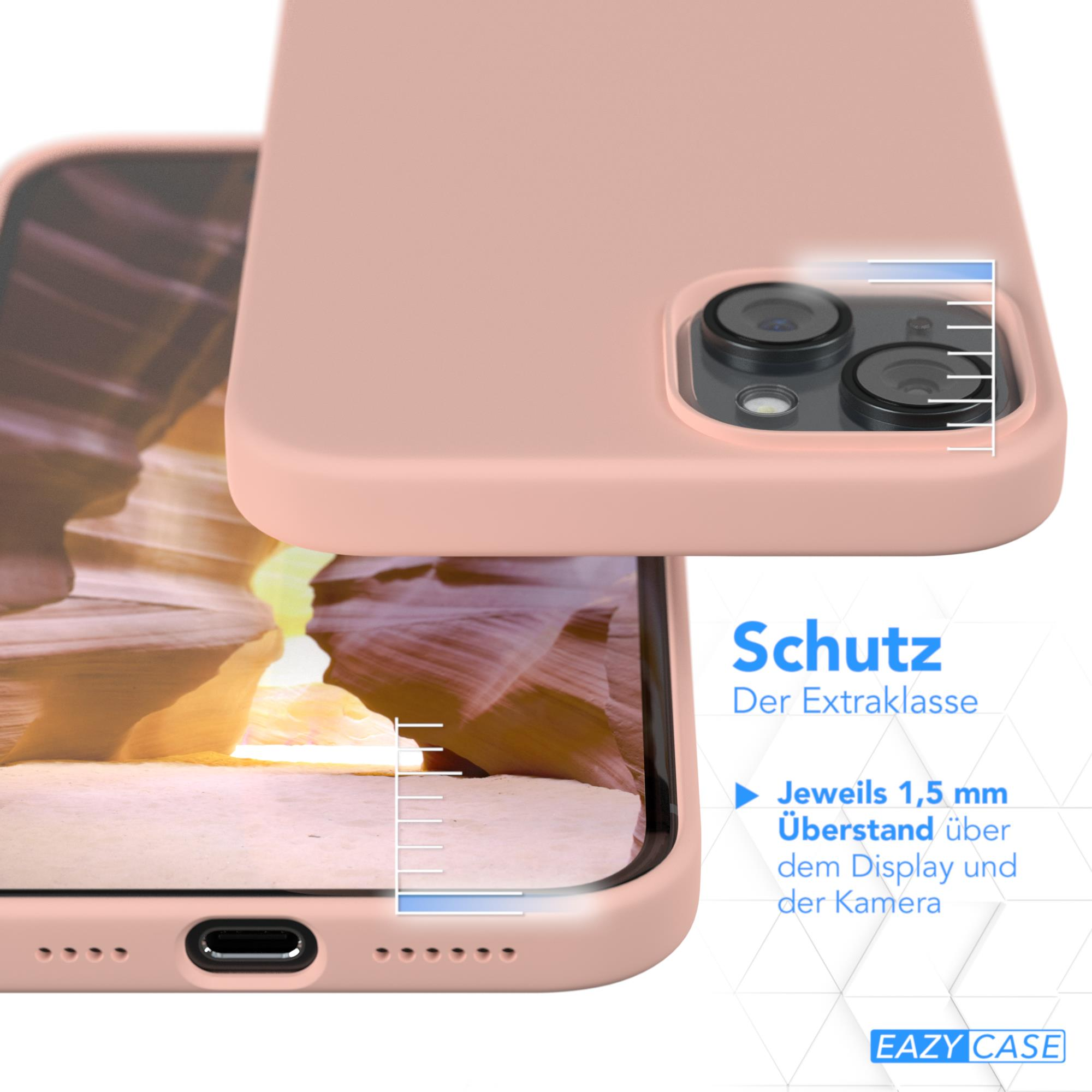 Eine rosa Handyhülle auf einem Telefon. Text zeigt 1,5 mm über Display und Kamera zum Schutz.