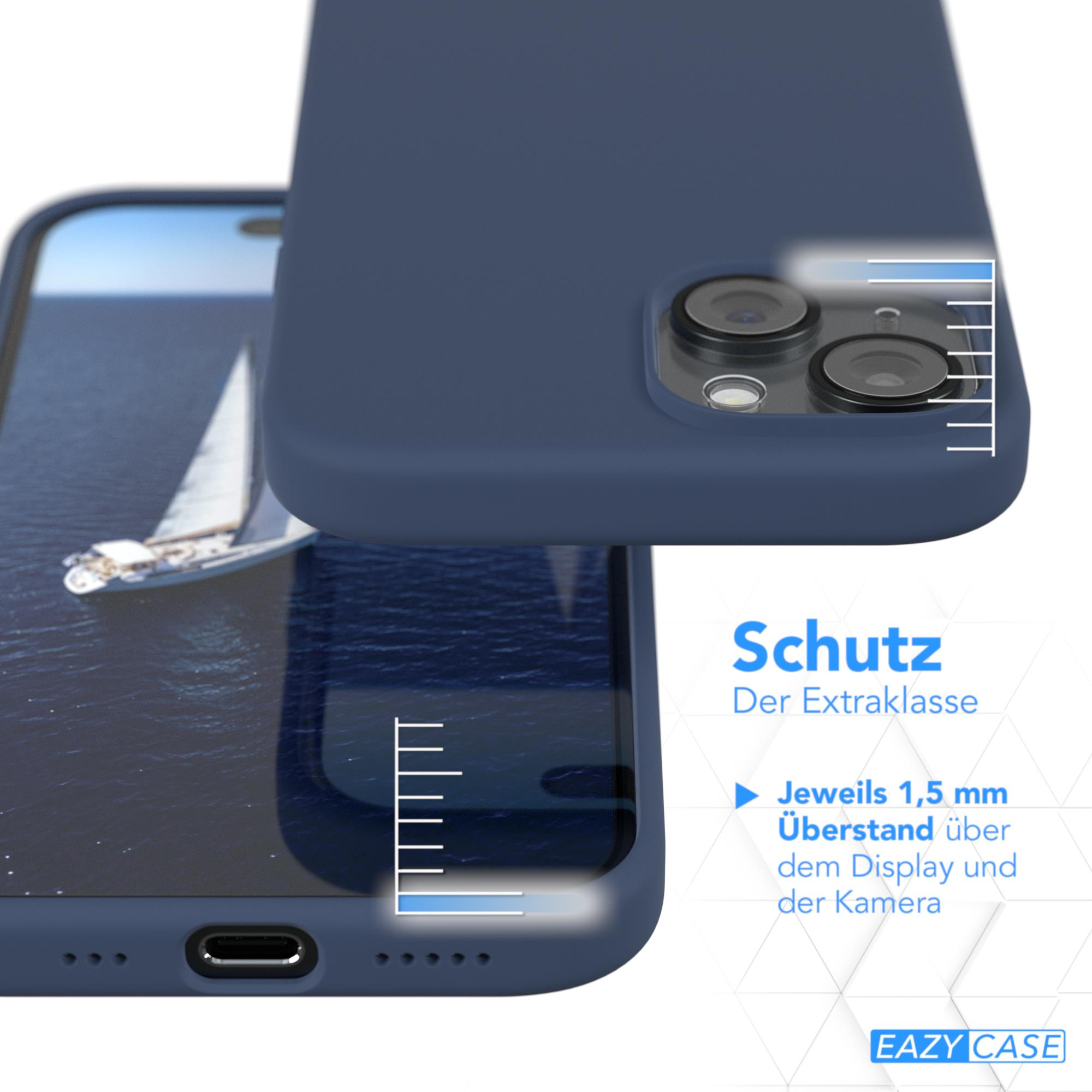 Blaue Handyhülle auf einem Handy mit einem Bild eines Segelbootes und weißem Hintergrund.
