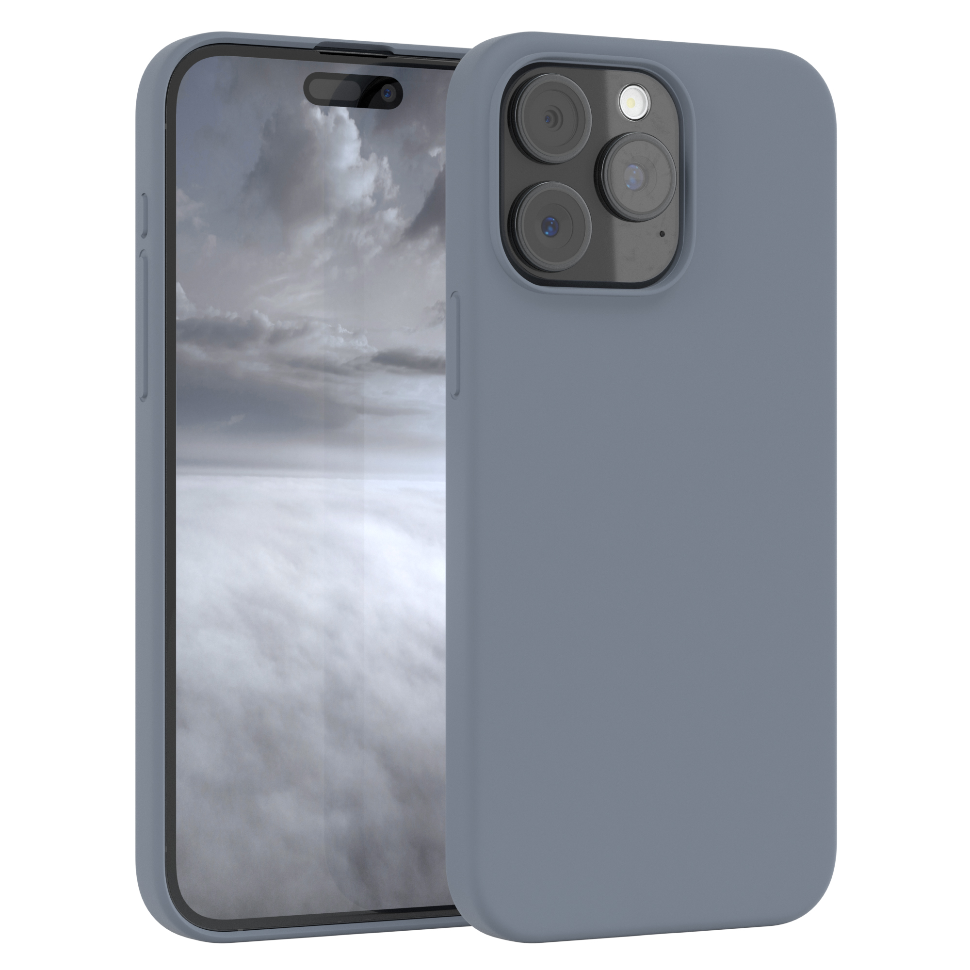 Ein blaues Telefon mit Hülle, zwei Kameras sichtbar. Der Hintergrund ist ein bewölkter Himmel.