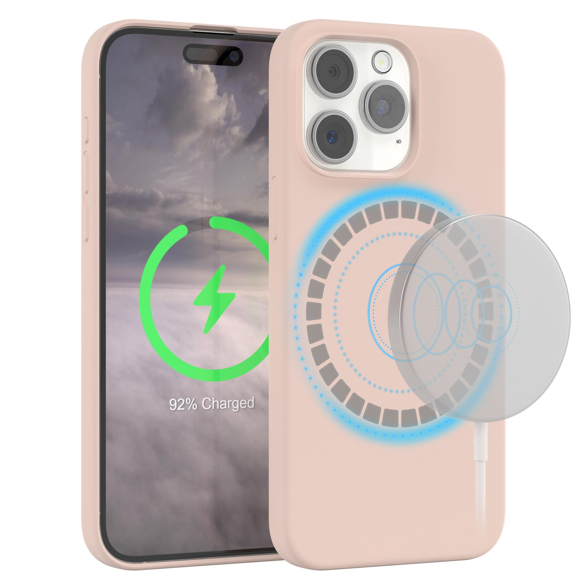 Rosa iPhone in rosa Hülle. Zwei Kameras. Bildschirm zeigt Laden. Magnetisches Ladepad.