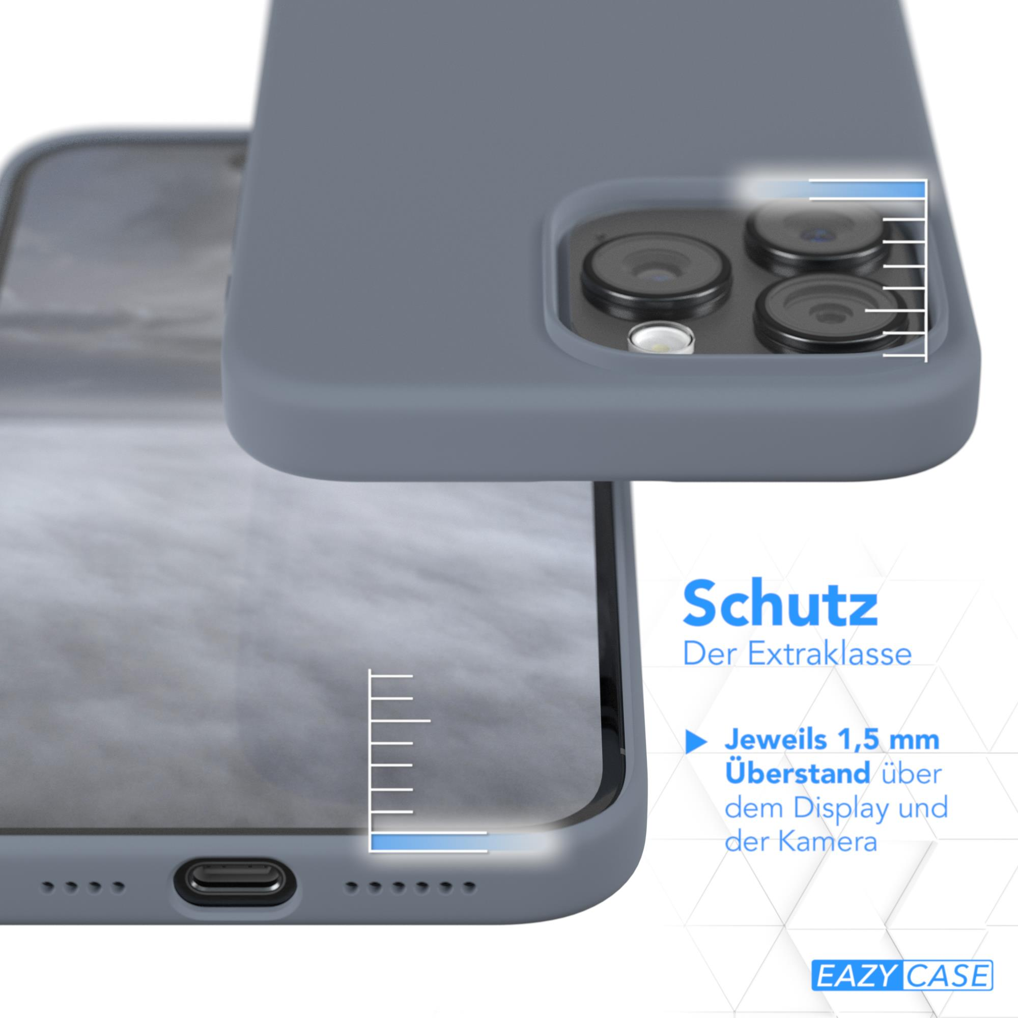 Graue Handyhülle mit einem Telefon, das ein Winterlandschafts-Hintergrundbild zeigt. Der Text lautet Schutz.